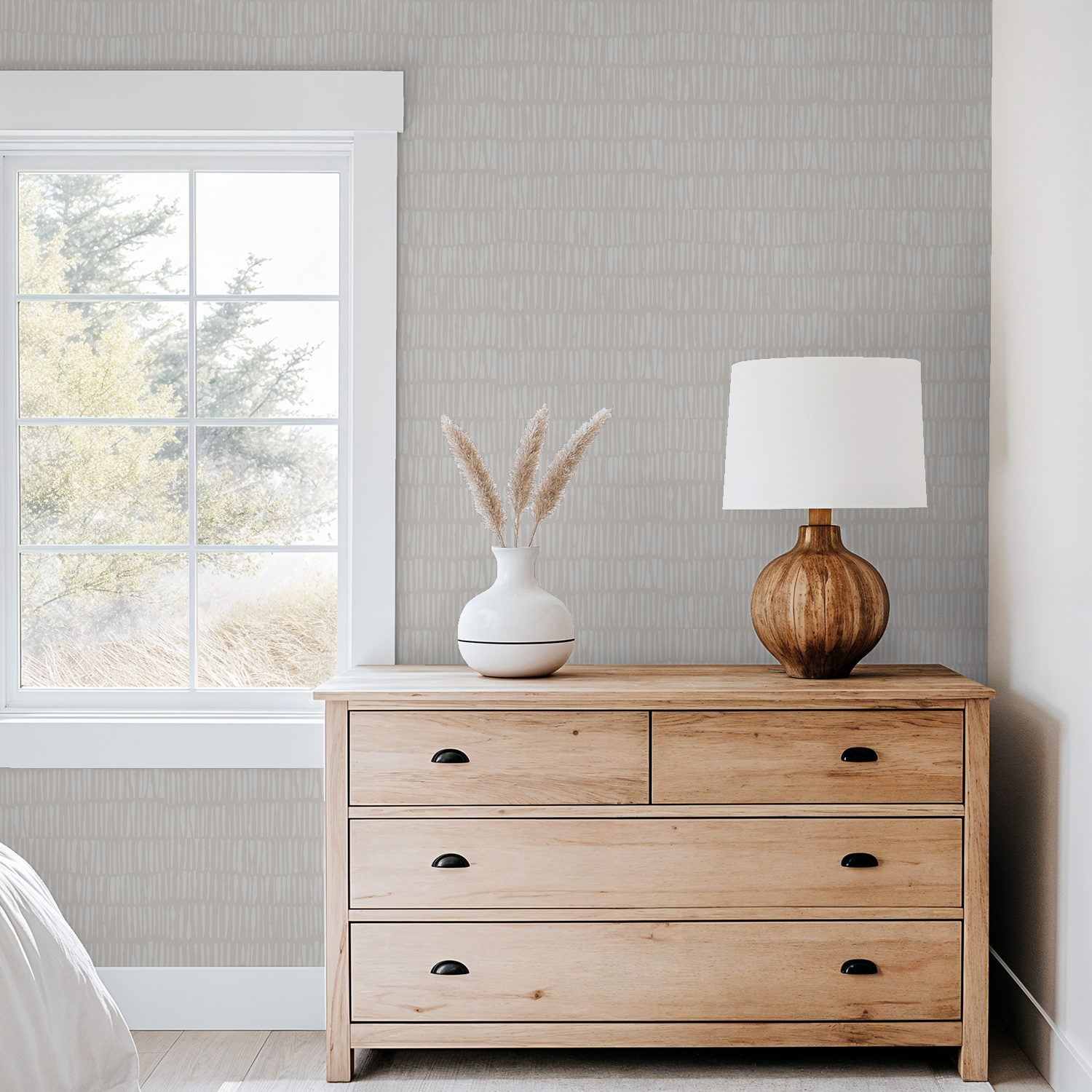 Nimbus Veil Greige wallpaper with soft linear strokes in modern bedroom setting.