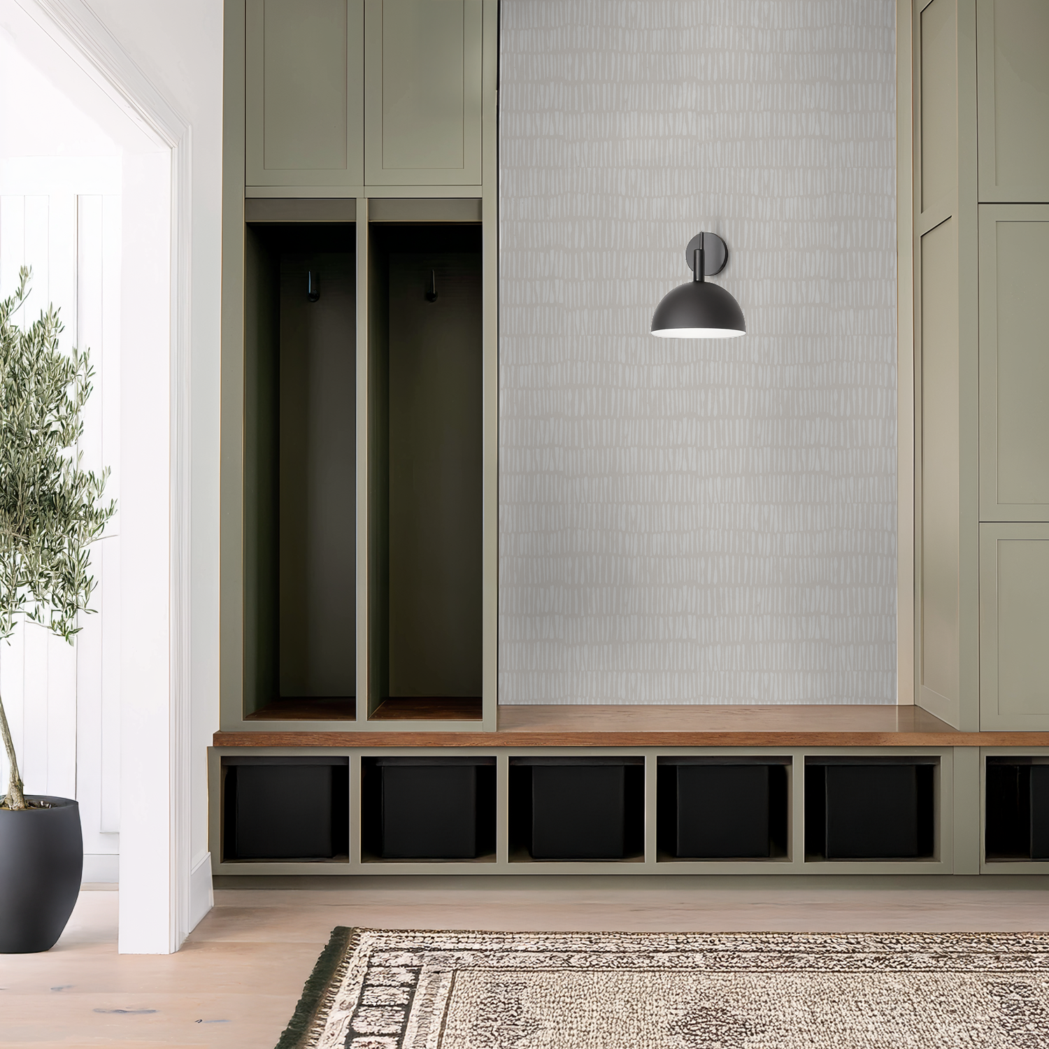 Nimbus Veil Greige wallpaper with soft linear strokes in modern entryway.