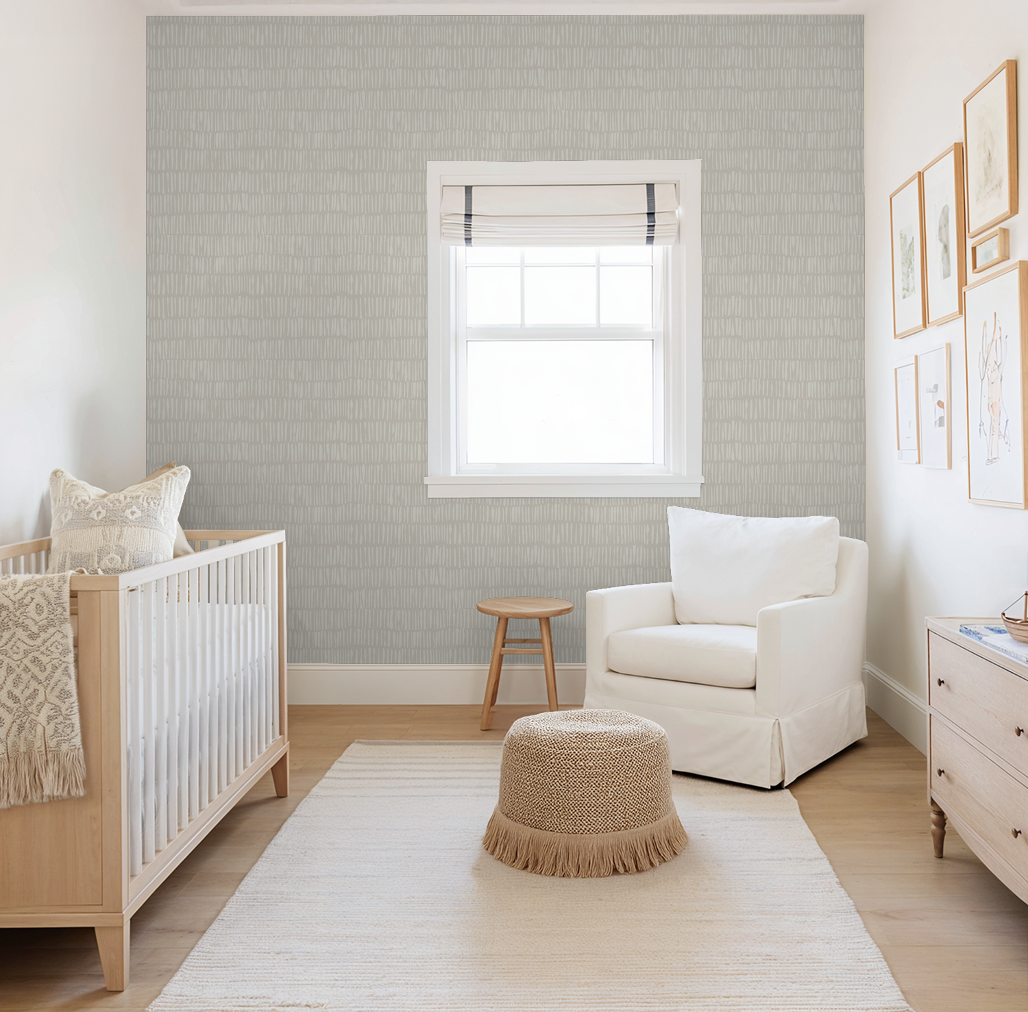 Nimbus Veil wallpaper with soft brushstrokes in a serene nursery setting.