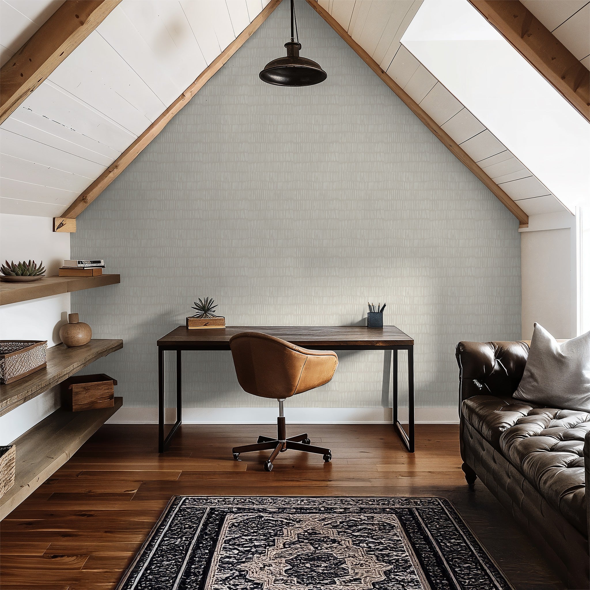Nimbus Veil wallpaper in a modern attic home office with textured neutral tones.