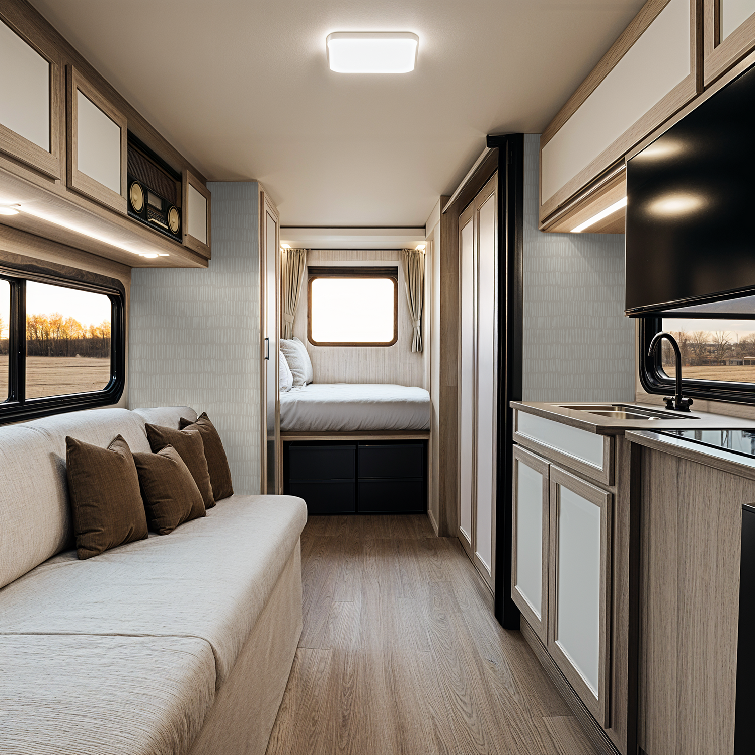 Nimbus Veil wallpaper in a modern RV interior with soft textures and neutral tones.