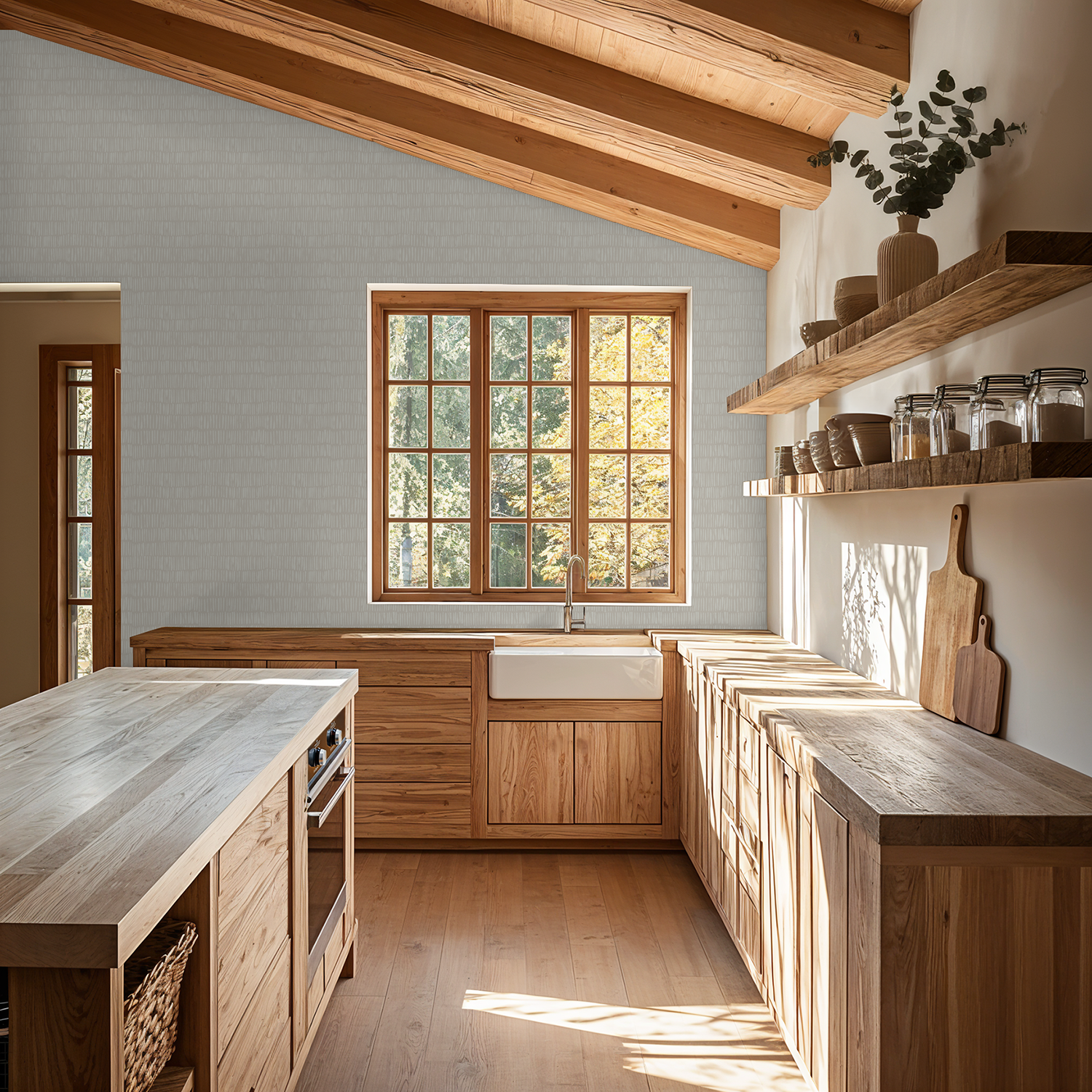 Nimbus Veil wallpaper in a rustic kitchen with wood cabinets and beams.