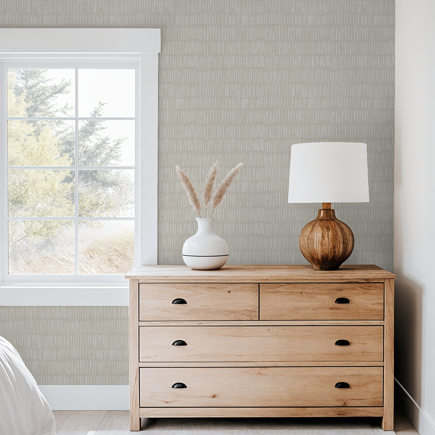 Nimbus Veil wallpaper with subtle brushstrokes in a serene bedroom setting.