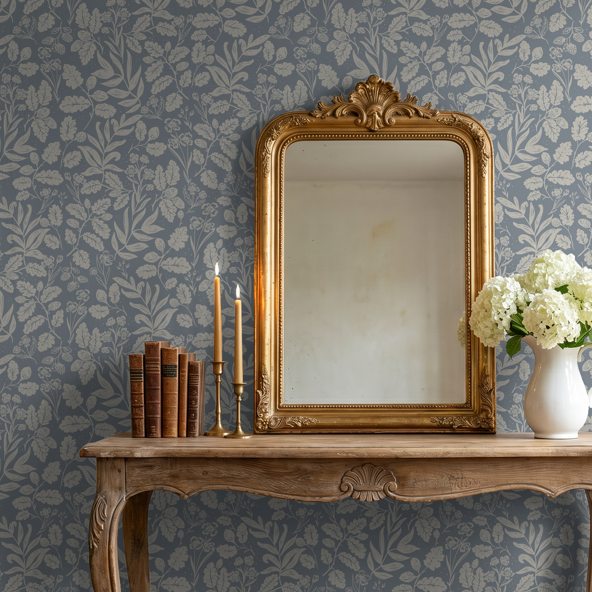 Oak and acorn dusty blue wallpaper with gold mirror and flowers