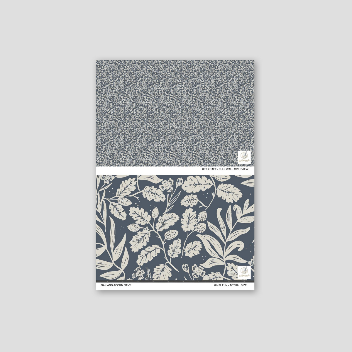 Oak and Acorn Navy wallpaper with hand-drawn ivory oak leaves, acorns and botanical stems.