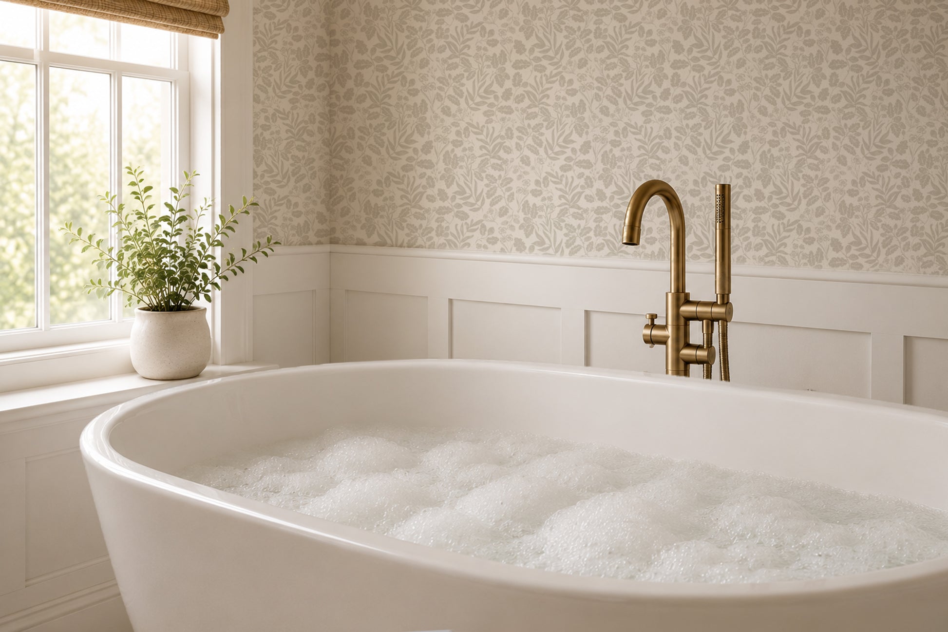 A white freestanding bathtub filled with bubbly bathwater in a bright bathroom, featuring a gold faucet and neutral patterned botanical wallpaper.
