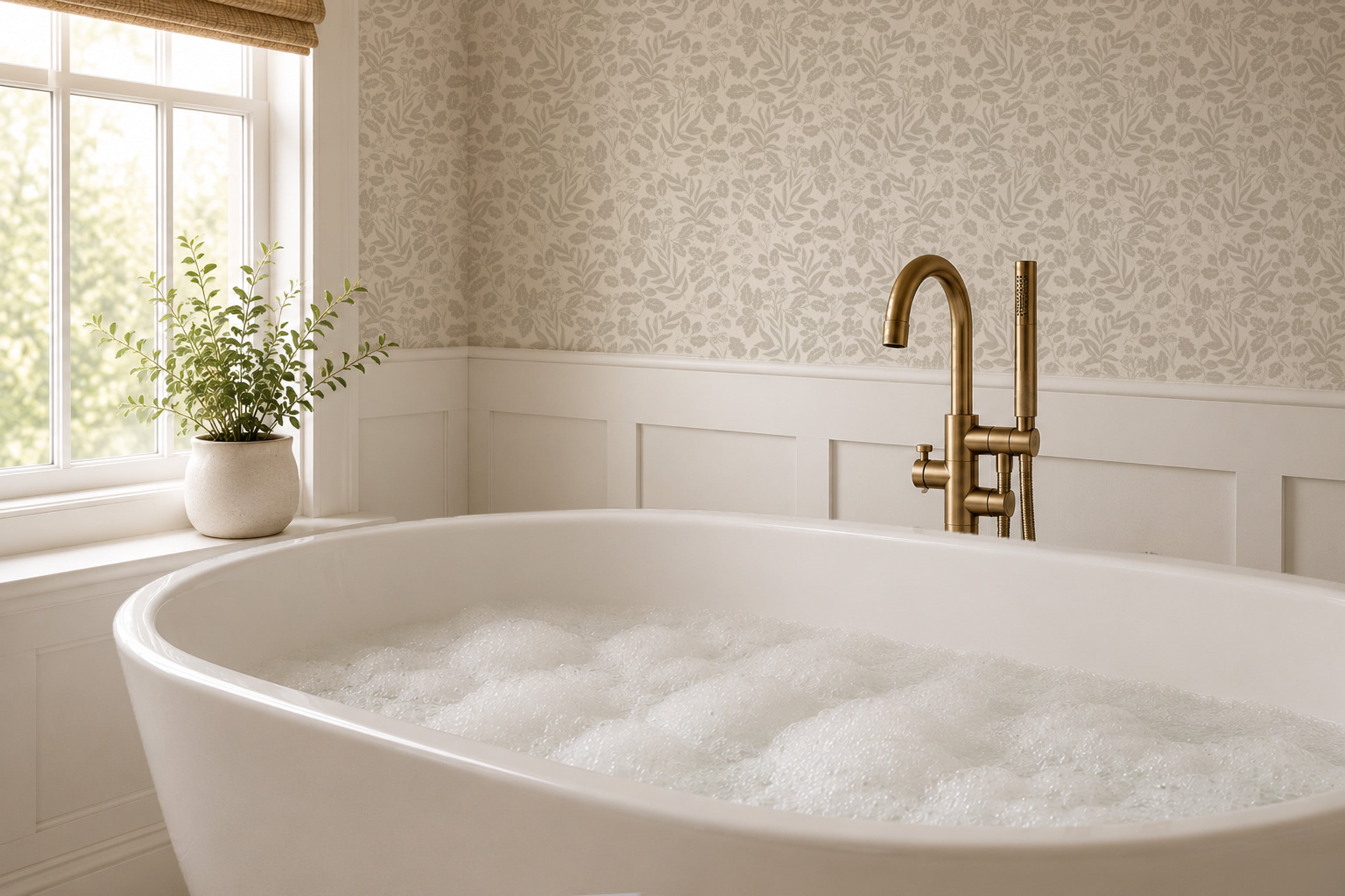 A white freestanding bathtub filled with bubbly bathwater in a bright bathroom, featuring a gold faucet and neutral patterned botanical wallpaper.