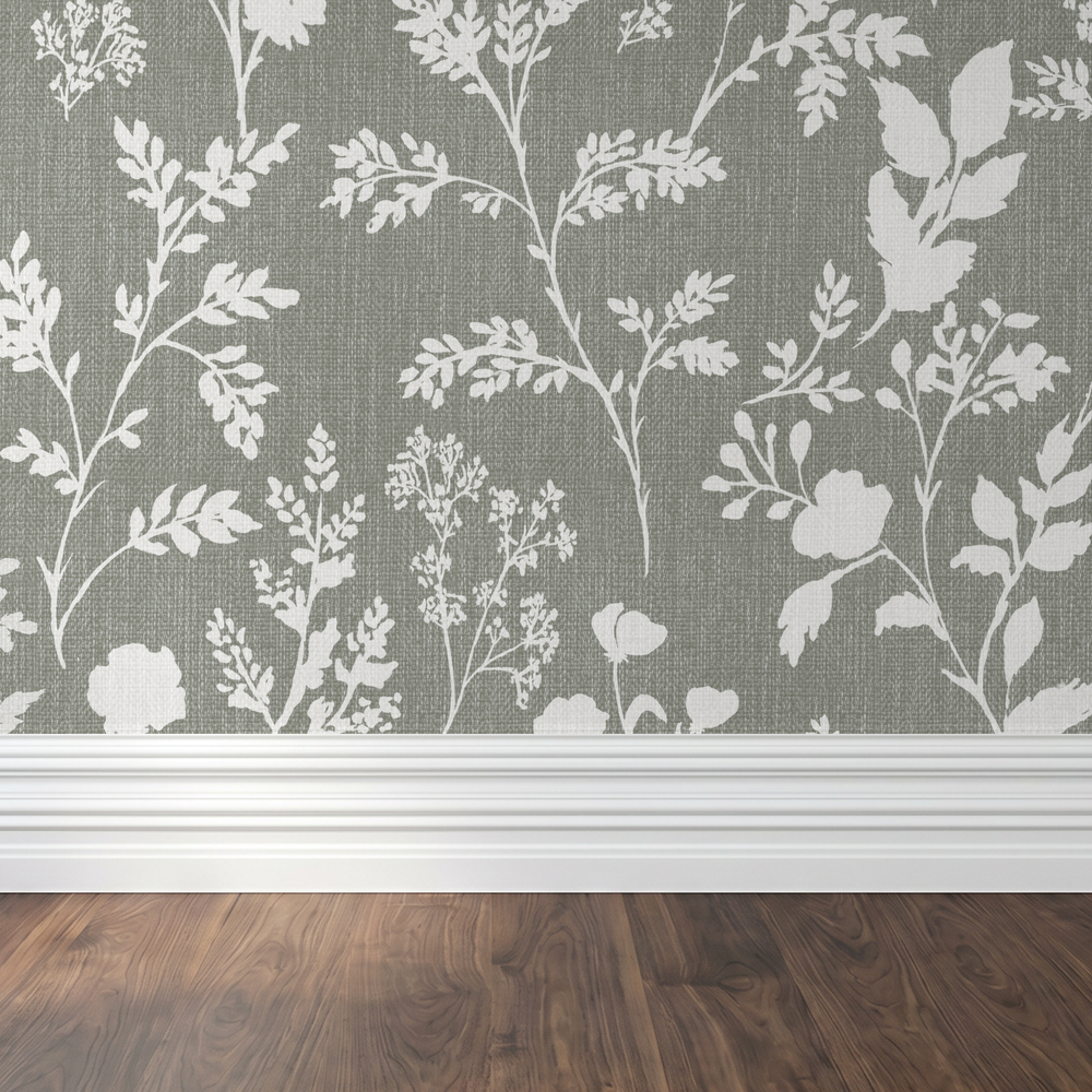 Olive wallpaper with white floral motifs in a serene botanical pattern.