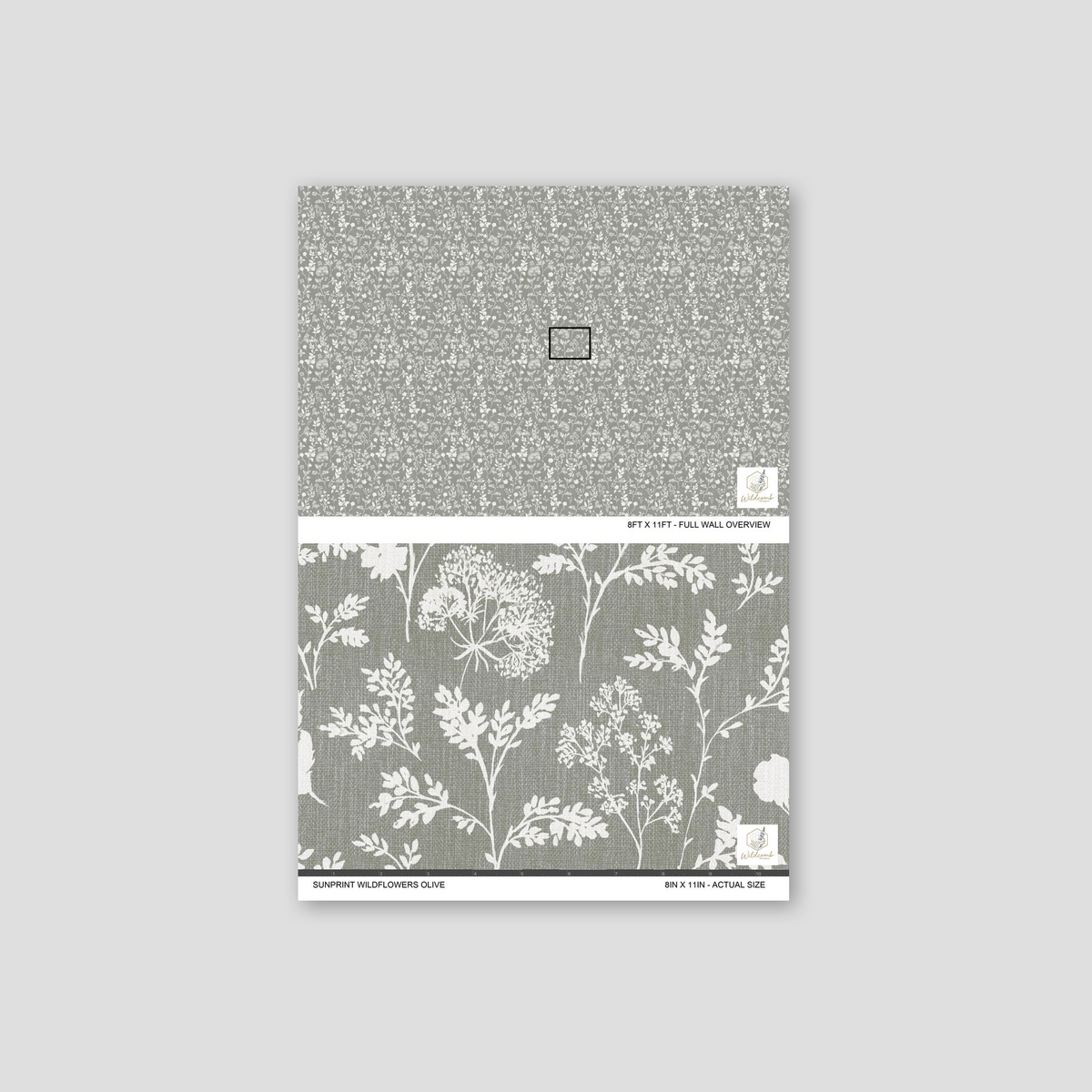 Olive wallpaper with white floral motifs, botanical pattern sample.