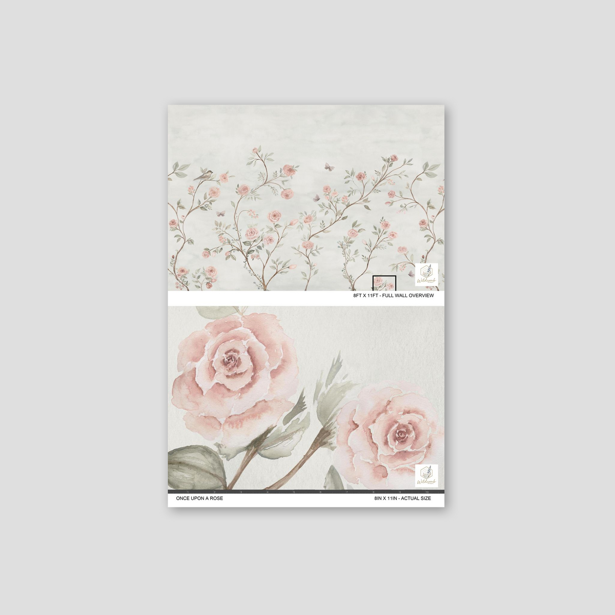 Once Upon a Rose watercolor wallpaper with blush pink roses, botanical branches, birds and butterflies.