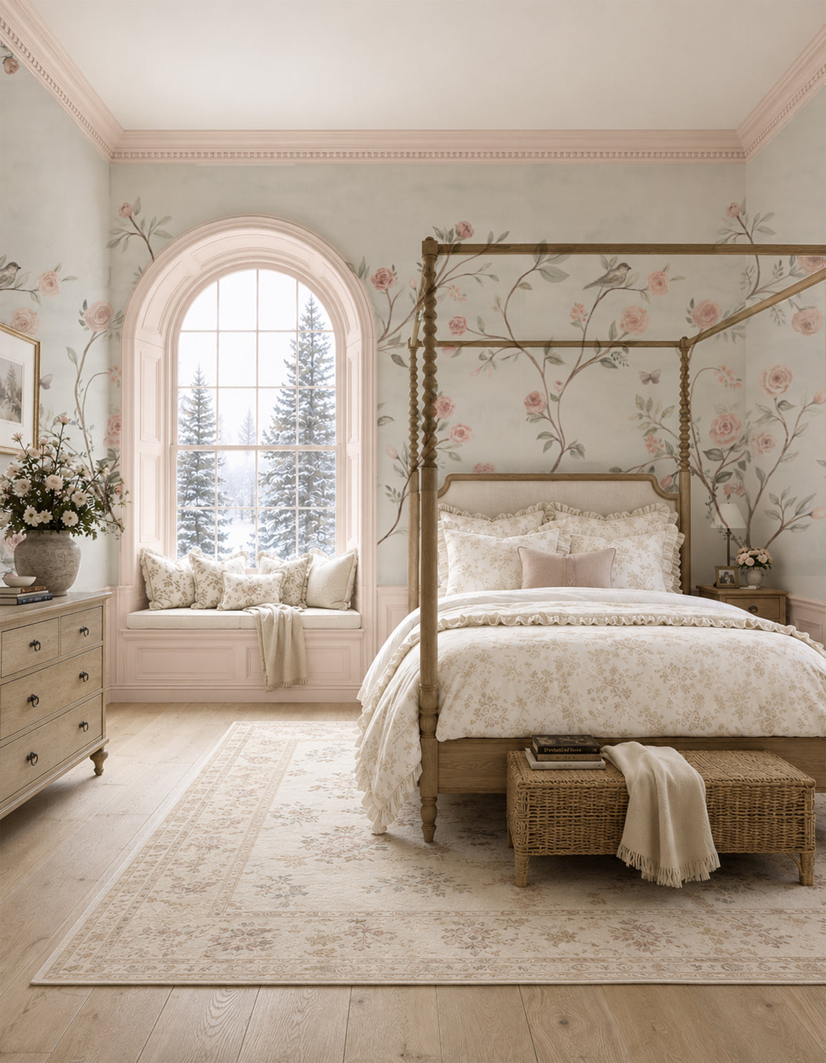 Large-scale watercolor rose wallpaper mural in a romantic bedroom with blush pink florals and climbing branches
