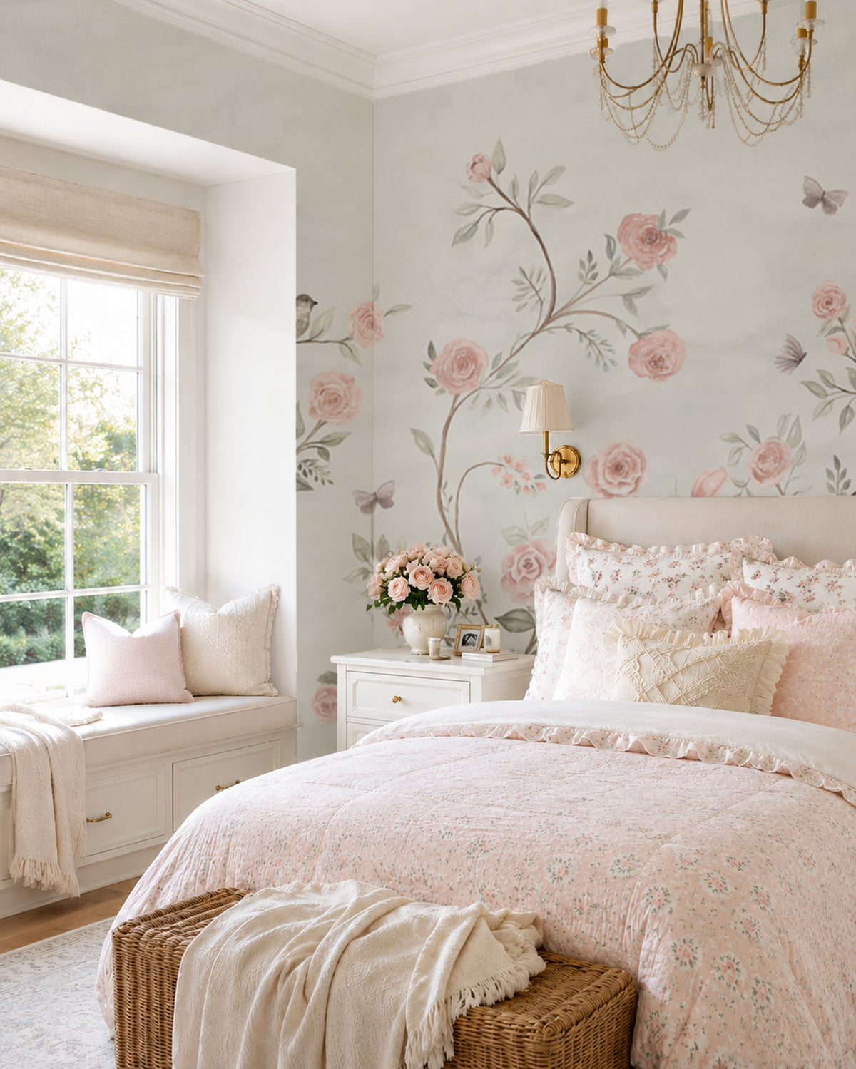 A beautifully styled bedroom featuring light pink floral chinoiserie wallpaper with climbing roses and butterflies, a bed dressed in soft pink and cream bedding, a window seat with pillows, and a gold chandelier.