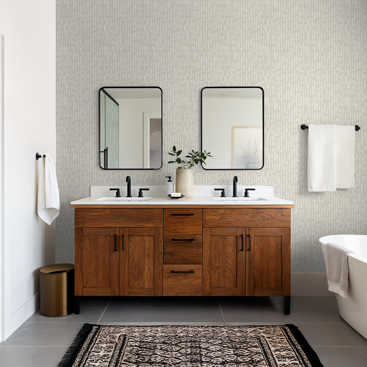 Organic modern wallpaper with soft brushstroke pattern in warm neutral bathroom