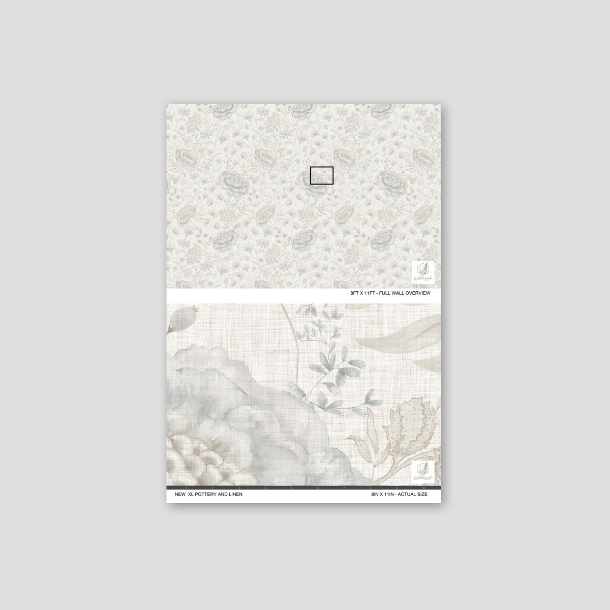 Oversized floral wallpaper with cream, oatmeal, misty blue, and soft grey hues, linen texture sample.