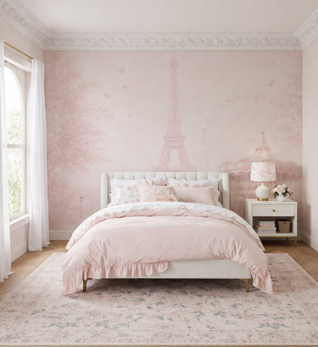 Pink-themed bedroom with Parisian Dreamscape wallpaper, bed, and nightstand.