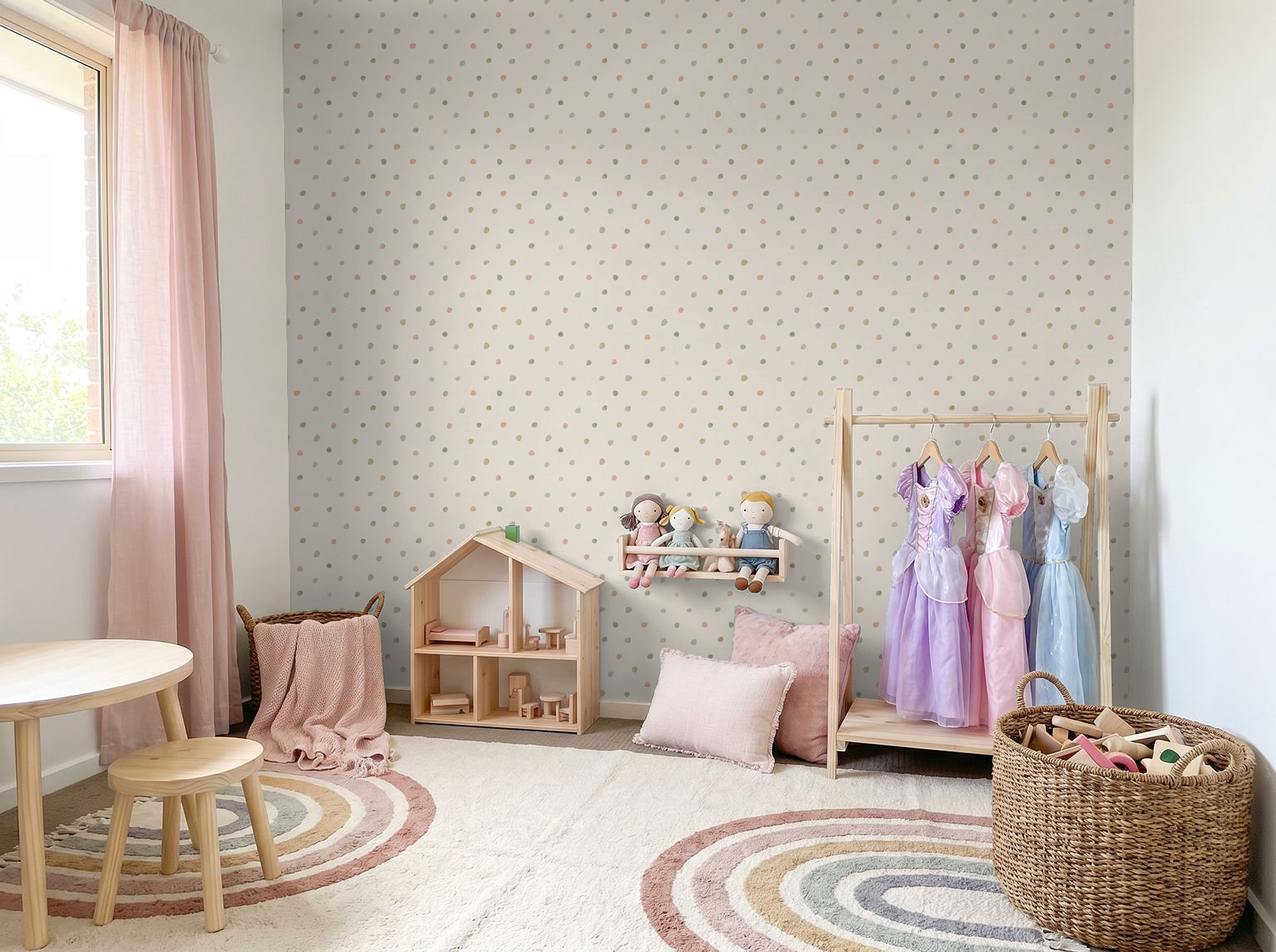 Pastel dot wallpaper in cozy children's room with toys and soft furnishings.