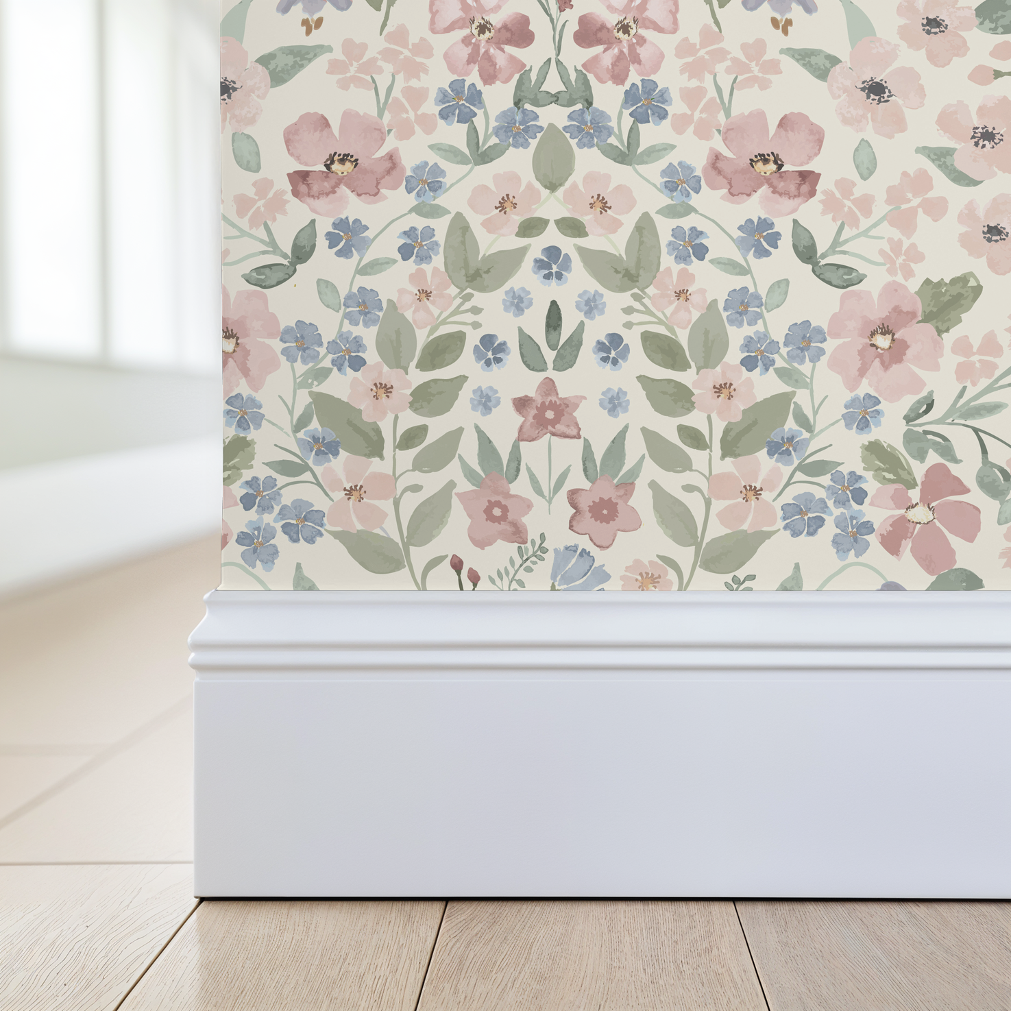 Pastel floral damask wallpaper with wildflowers in a bright room setting.