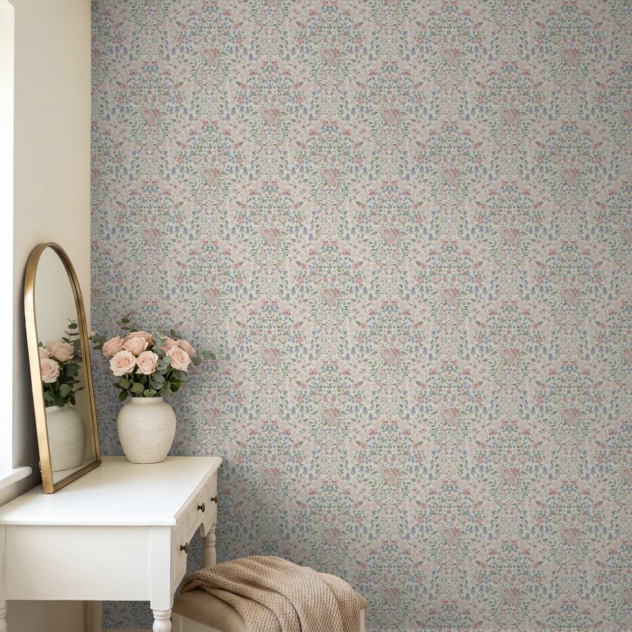 Pastel floral damask wallpaper in elegant bedroom with vanity and flowers.