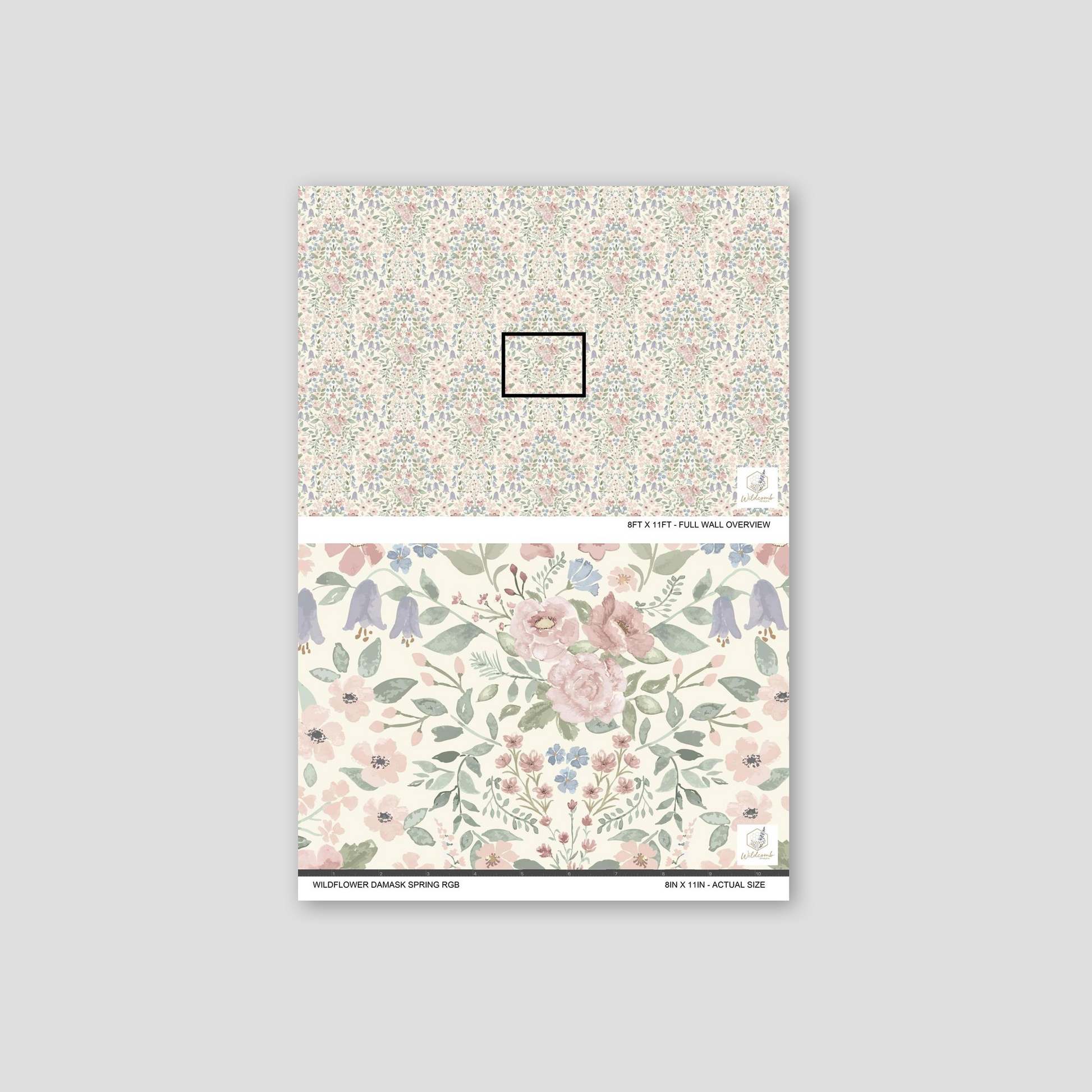 Pastel floral damask wallpaper with delicate wildflowers and leaves.