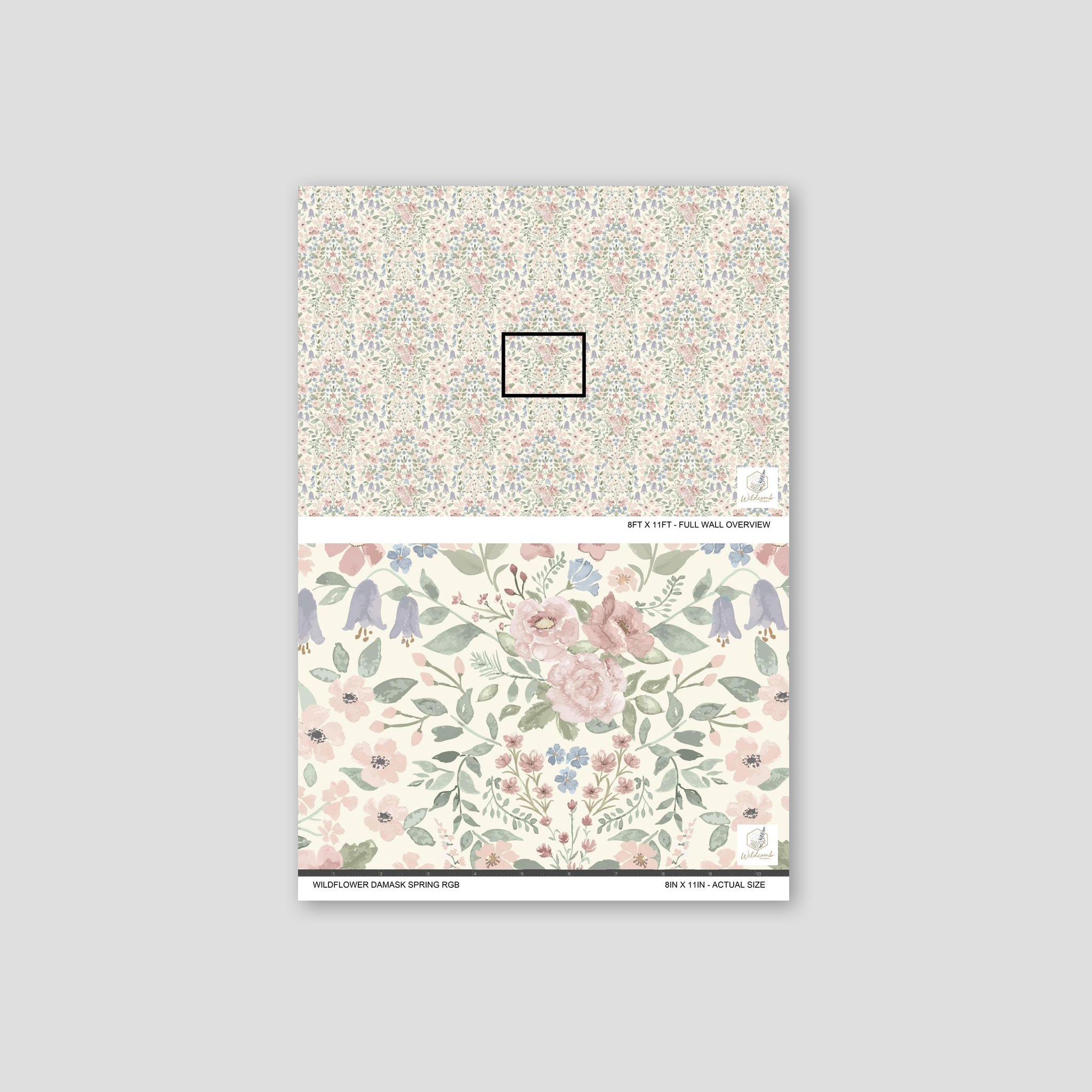 Pastel floral damask wallpaper with delicate wildflowers and leaves.