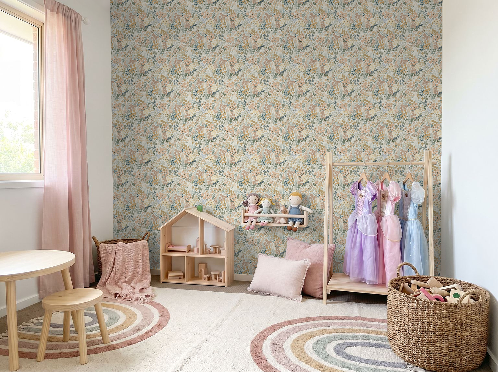 Pastel floral wallpaper in whimsical girls room with dress-up corner and toys