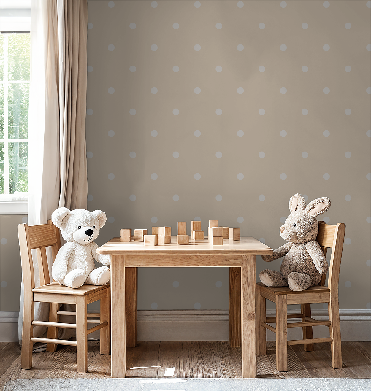 Peach polka dot wallpaper in cozy playroom with wooden furniture and toys.
