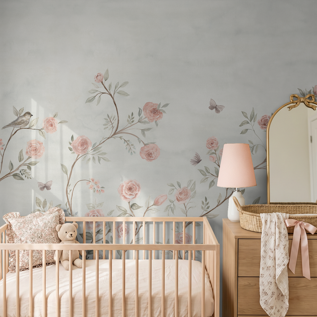 Pink floral wallpaper with watercolor roses, birds and butterflies in a romantic nursery.