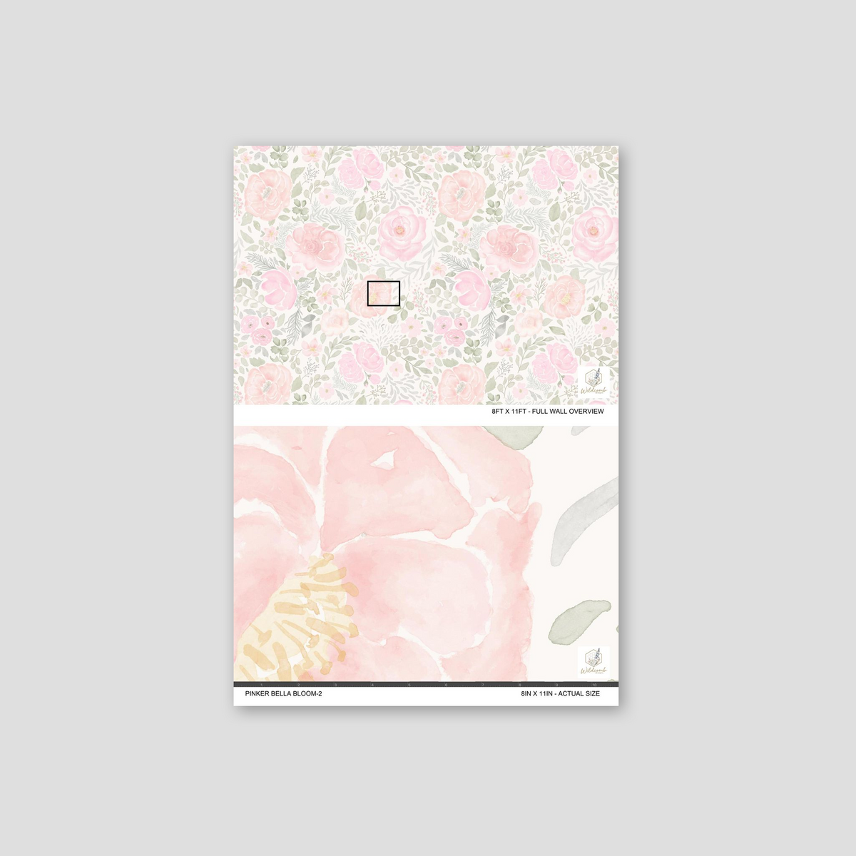 Oversized pink floral wallpaper with watercolor roses and green foliage.