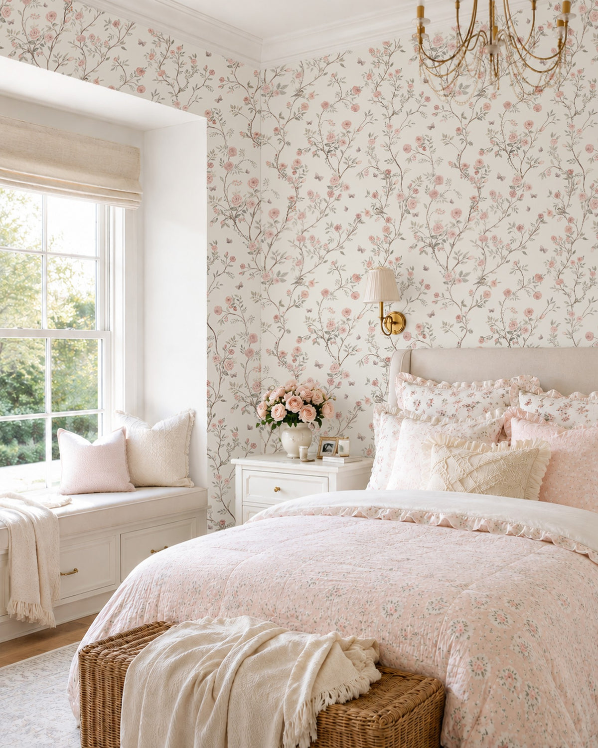 Aurora pink climbing rose wallpaper in a cottage-style bedroom with cream bedding and a window seat.