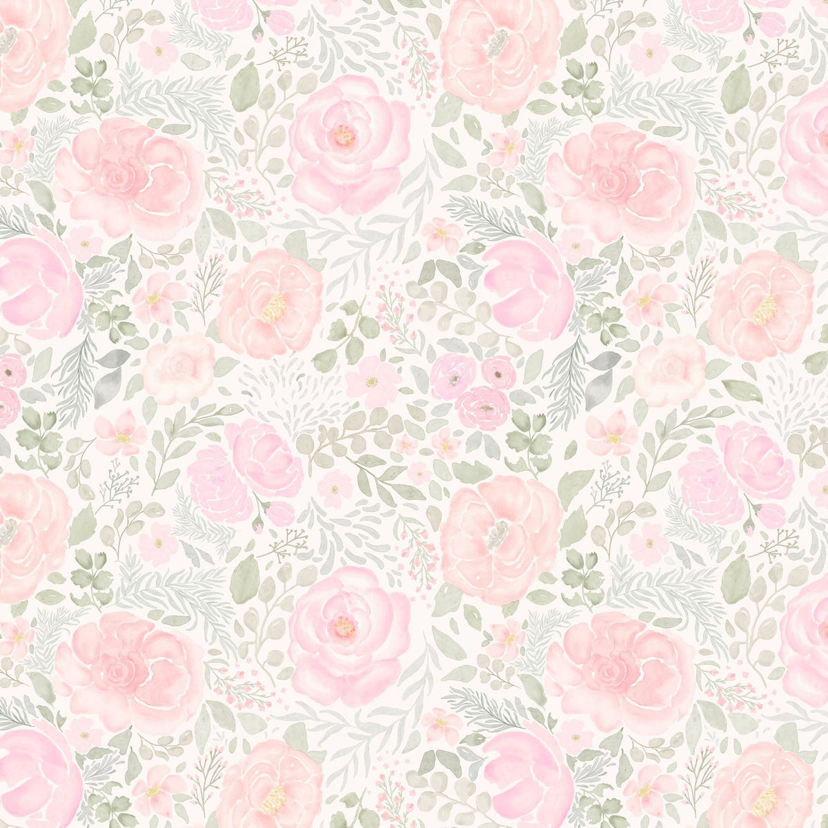 Pink watercolor floral wallpaper with roses and wildflowers.