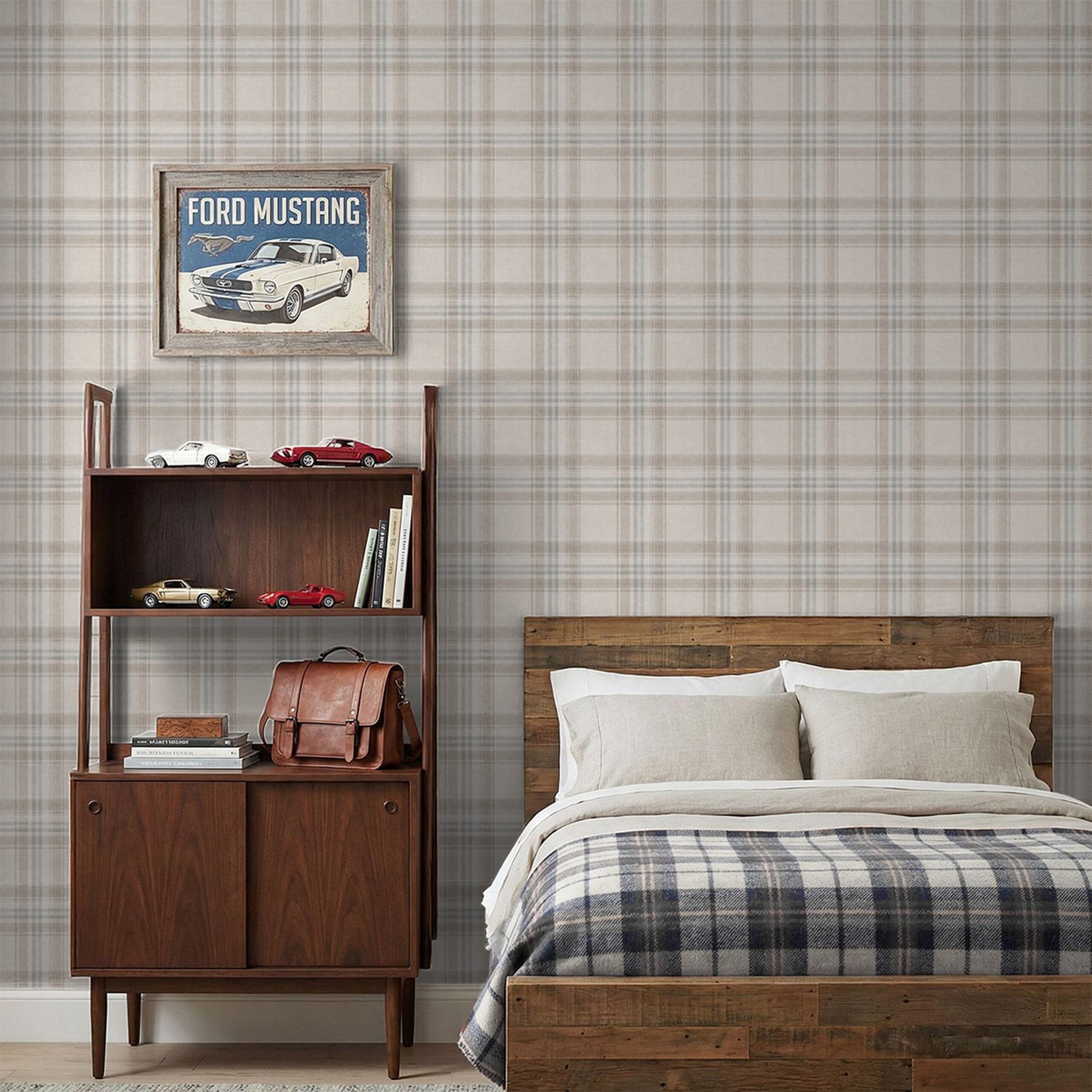 Bedroom with wooden bed and bookshelf against Tweed Plaid  – Blue and Taupe wallpaper.