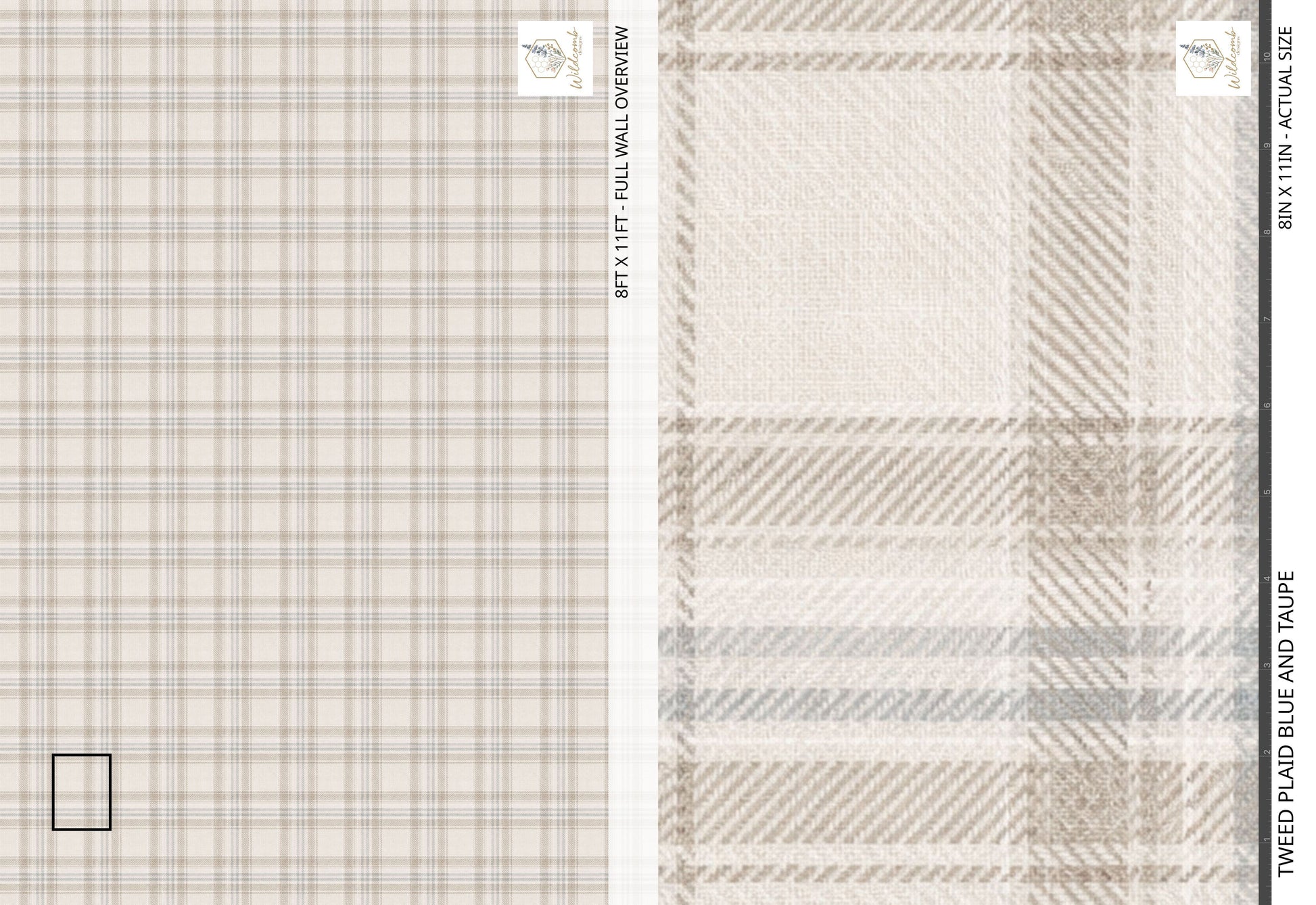 Tweed Plaid fabric swatch & Plaid Blue and Taupe pattern in neutral colors.