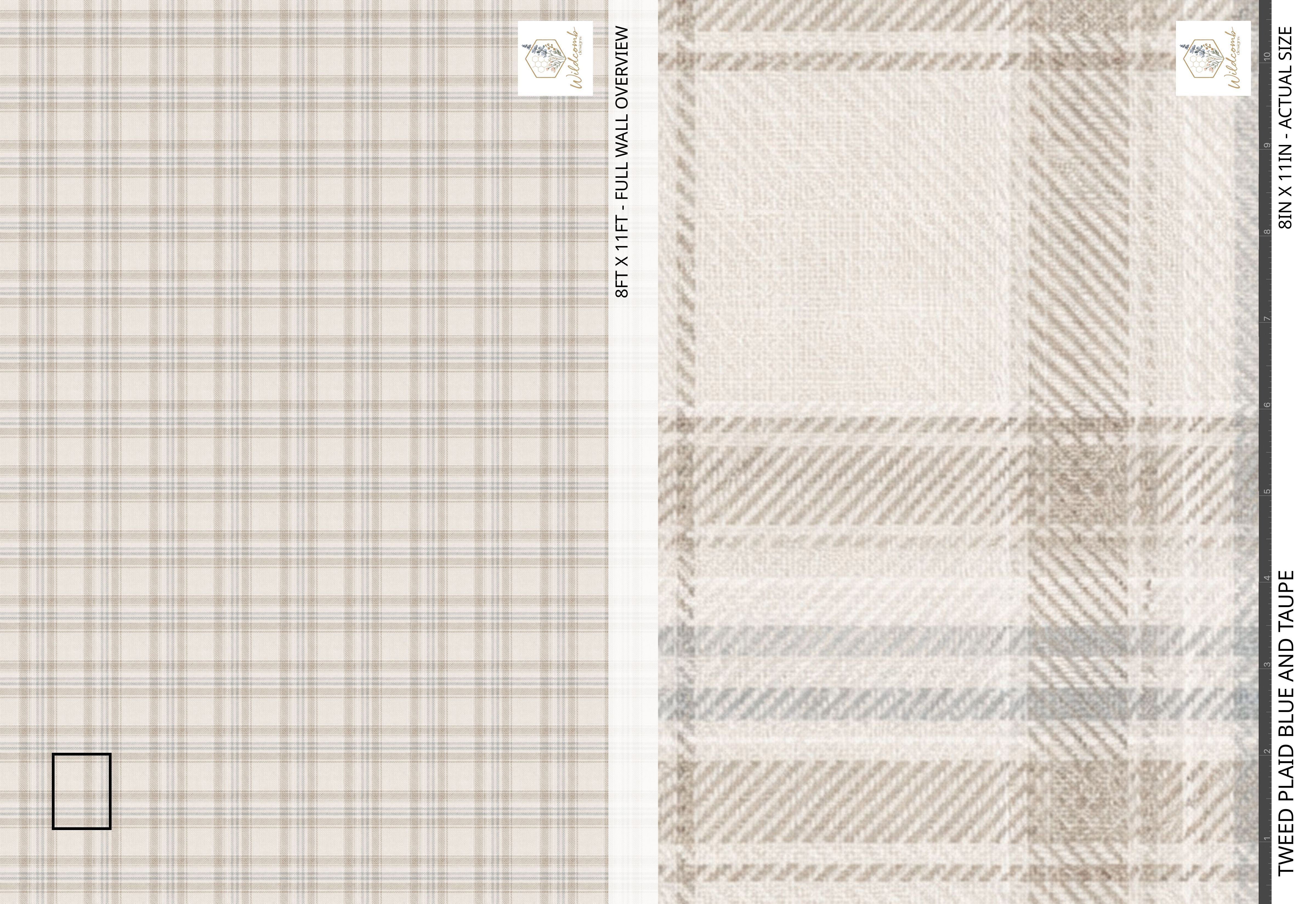 Tweed Plaid fabric swatch & Plaid Blue and Taupe pattern in neutral colors.