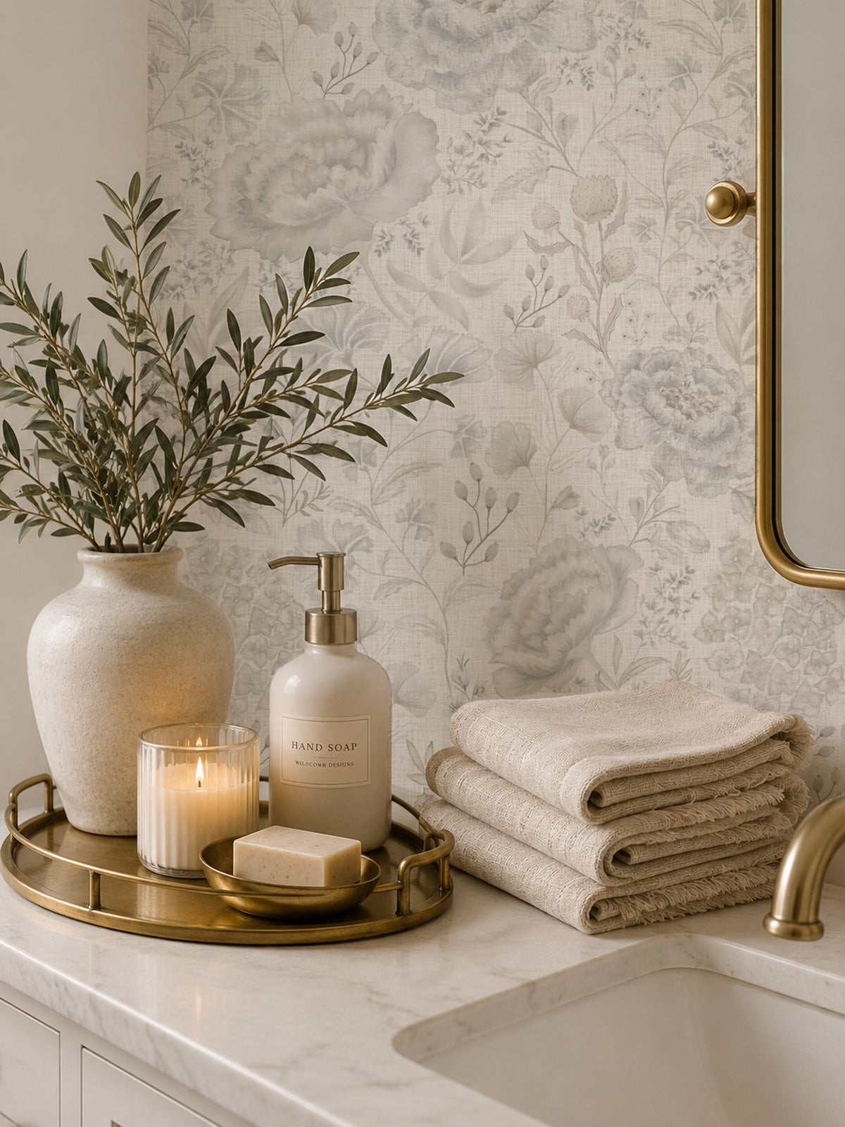 A styled bathroom vanity scene with a white marble countertop, floral wallpaper, folded beige towels, a gold tray, a vase with greenery, a lit candle, and a frosted pump bottle labeled Pure Day.