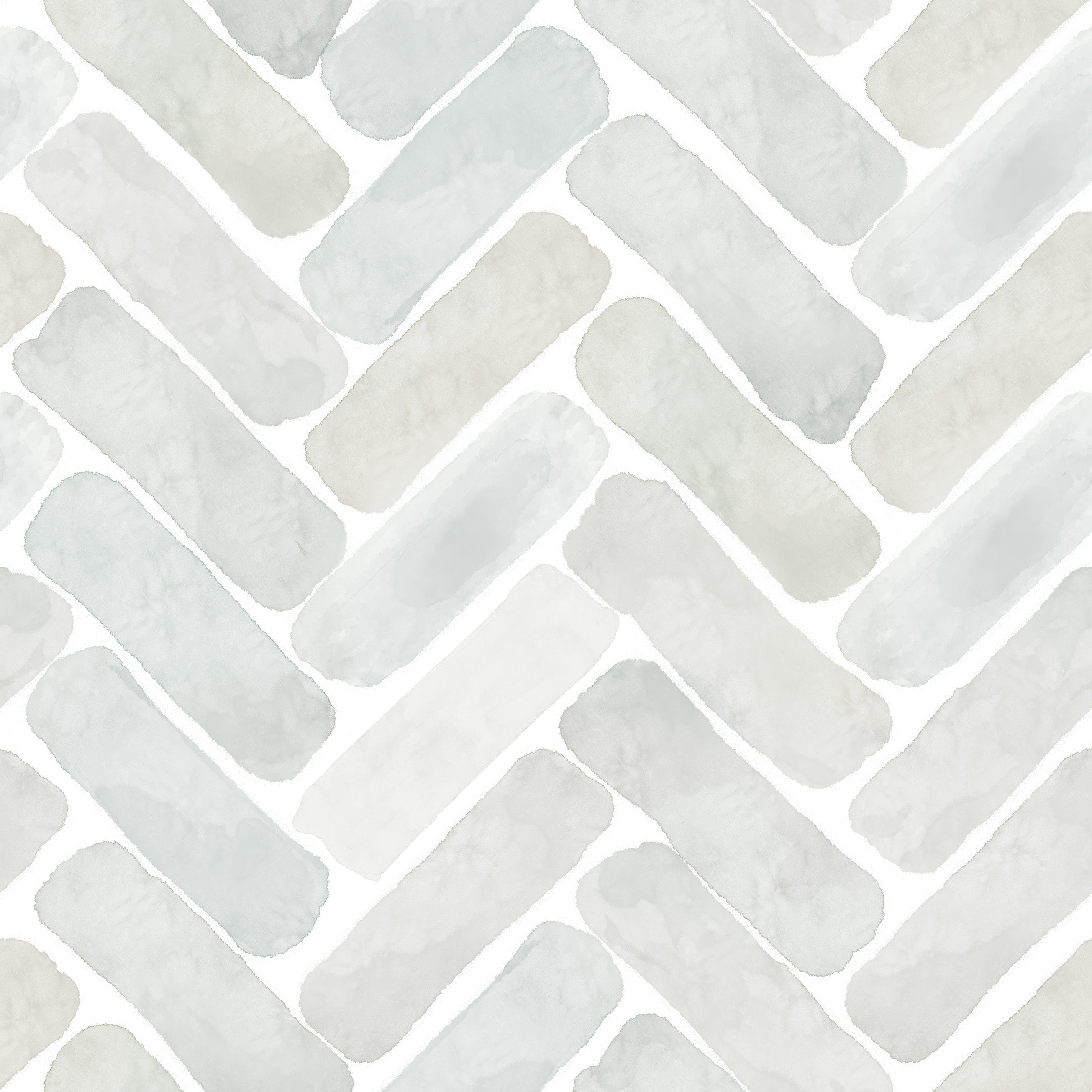 Close-up of the neutral watercolor herringbone pattern showing hand-painted brushstrokes in taupe, grey, greige, and soft blue.
