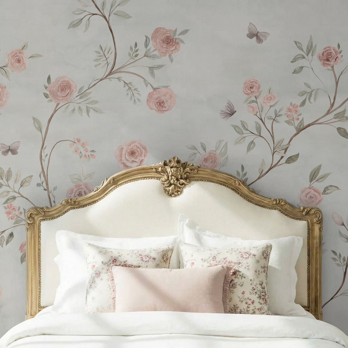 Romantic pink rose wallpaper with delicate watercolor branches and butterflies in an elegant bedroom.