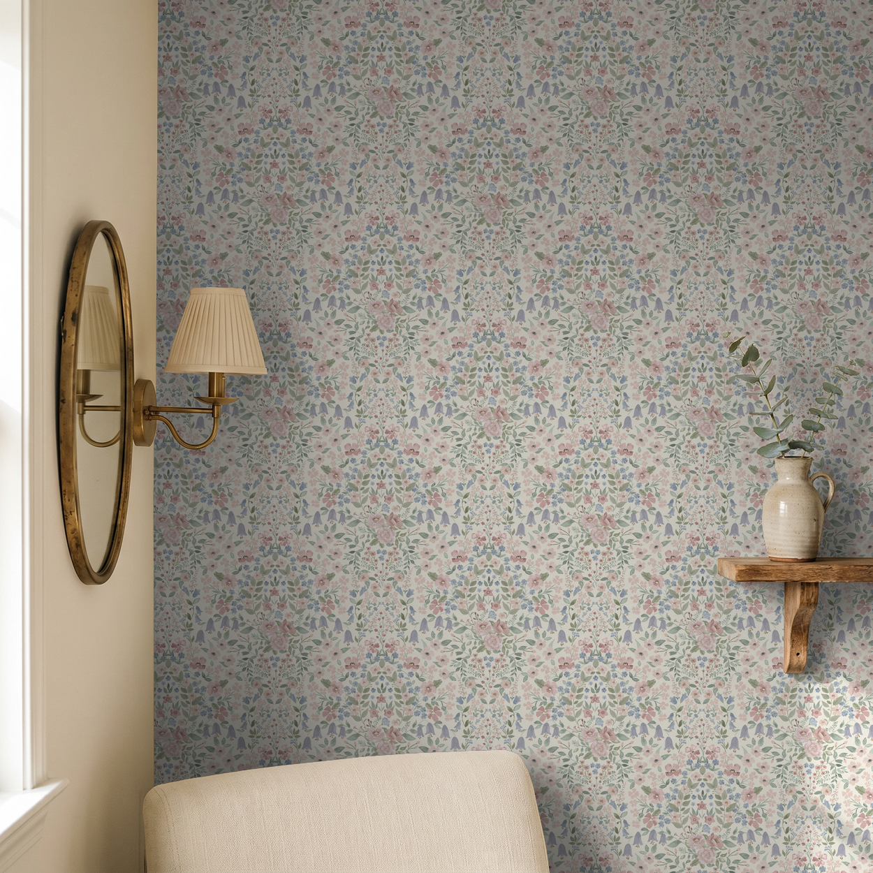 Romantic vintage floral damask wallpaper with soft pastel tones in an elegant cottage style room.
