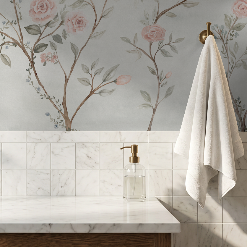 Romantic watercolor rose wallpaper with climbing branches in an elegant neutral bathroom.