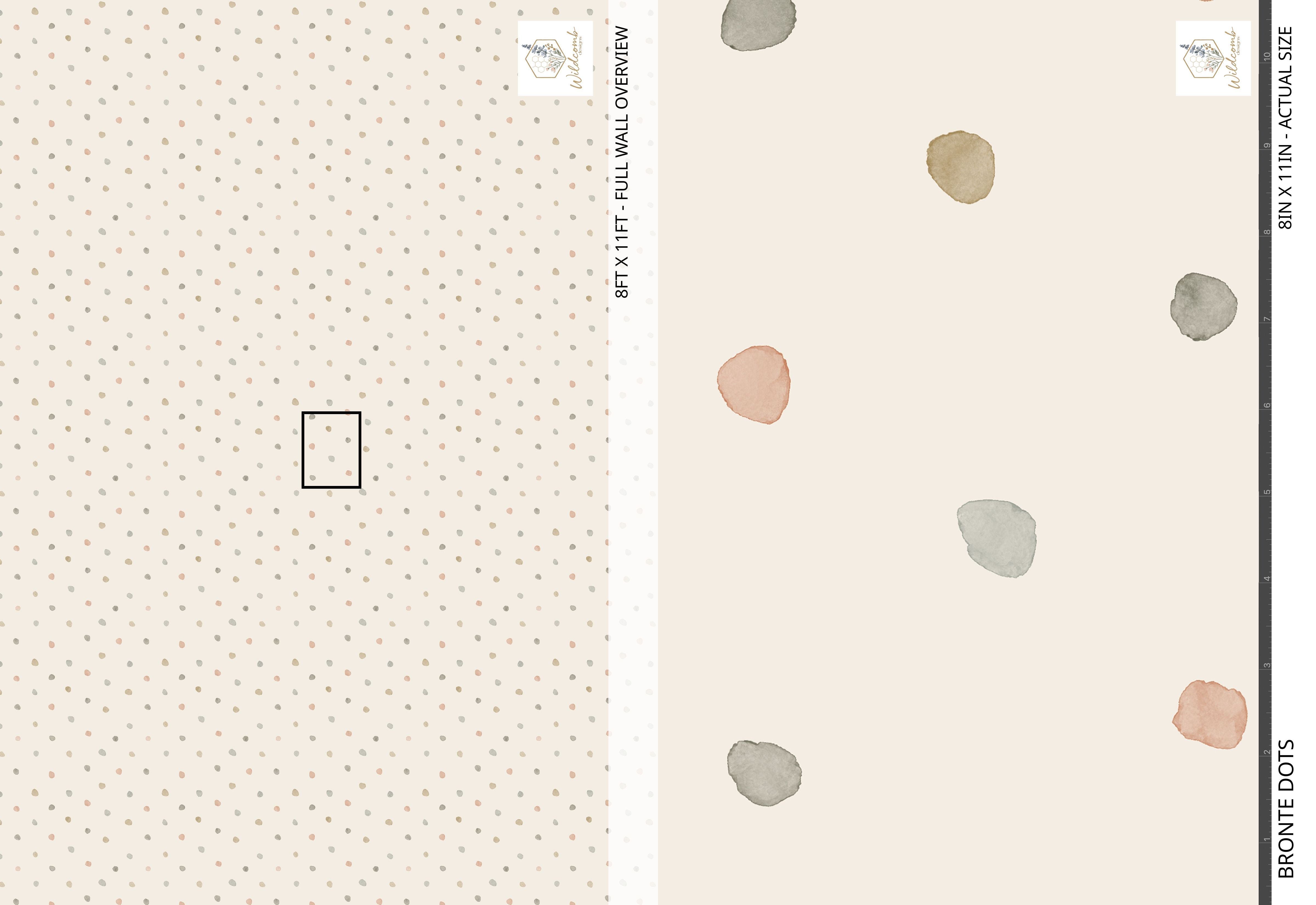 Full wall overview of Bronte Watercolor Polka Dots wallpaper showing a seamless cream background with evenly spaced hand-painted dots in peach, sage, and warm greys.