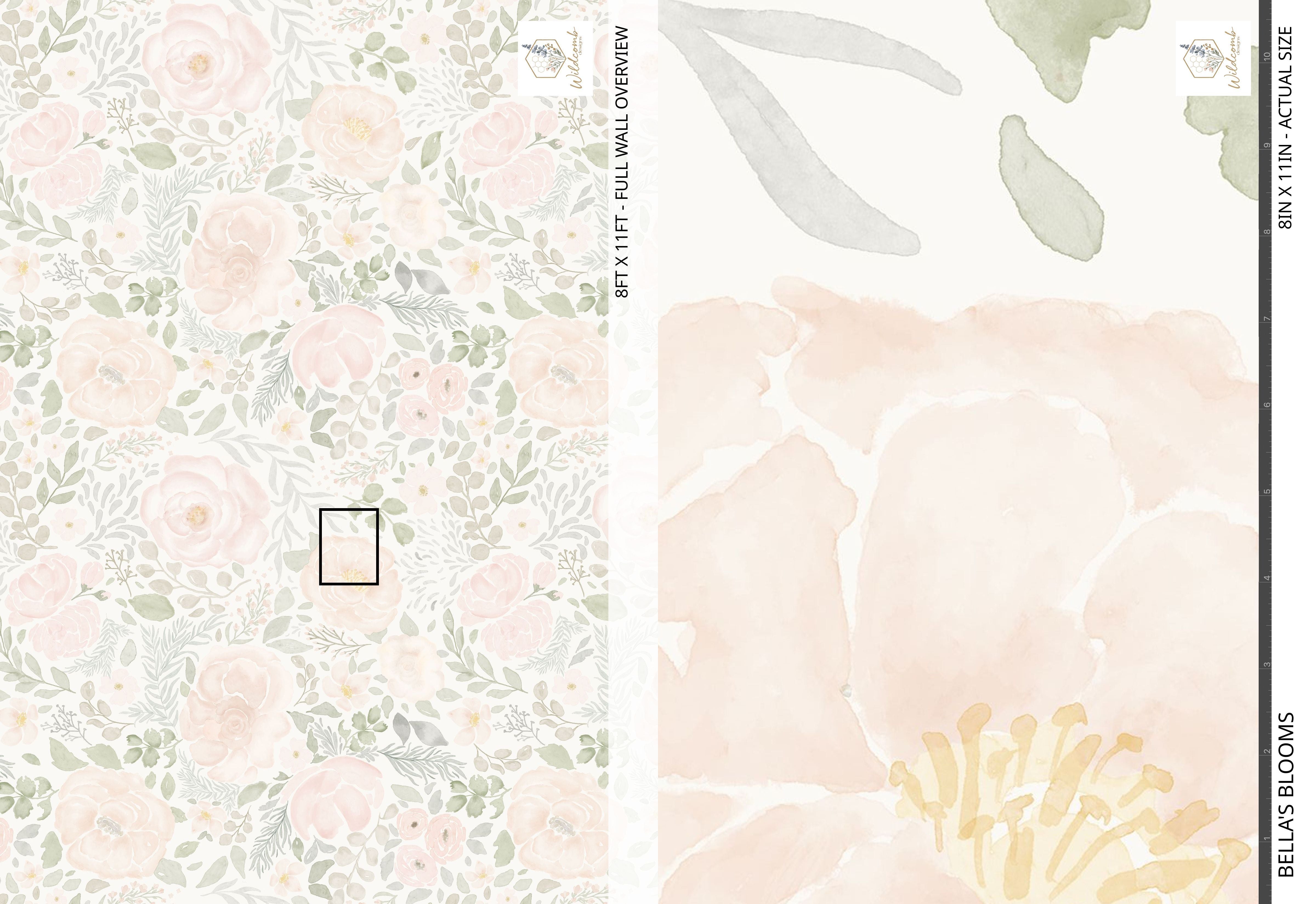 Bella’s Blooms full-wall overview showing large-scale watercolor peonies, roses, and sage foliage arranged in a seamless garden-style mural pattern.