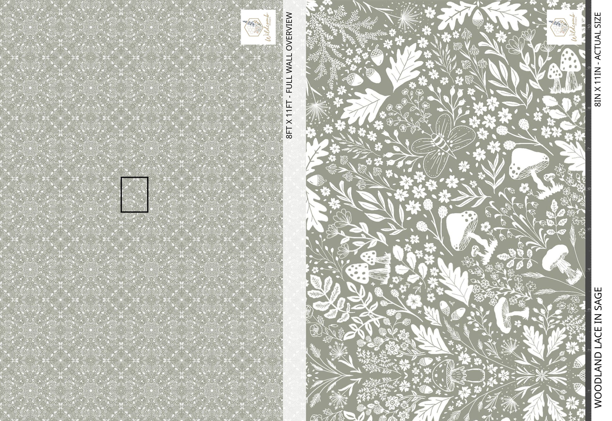 Sample wallpaper pattern, one side zoomed in to see a mushroom and nature pattern in grey