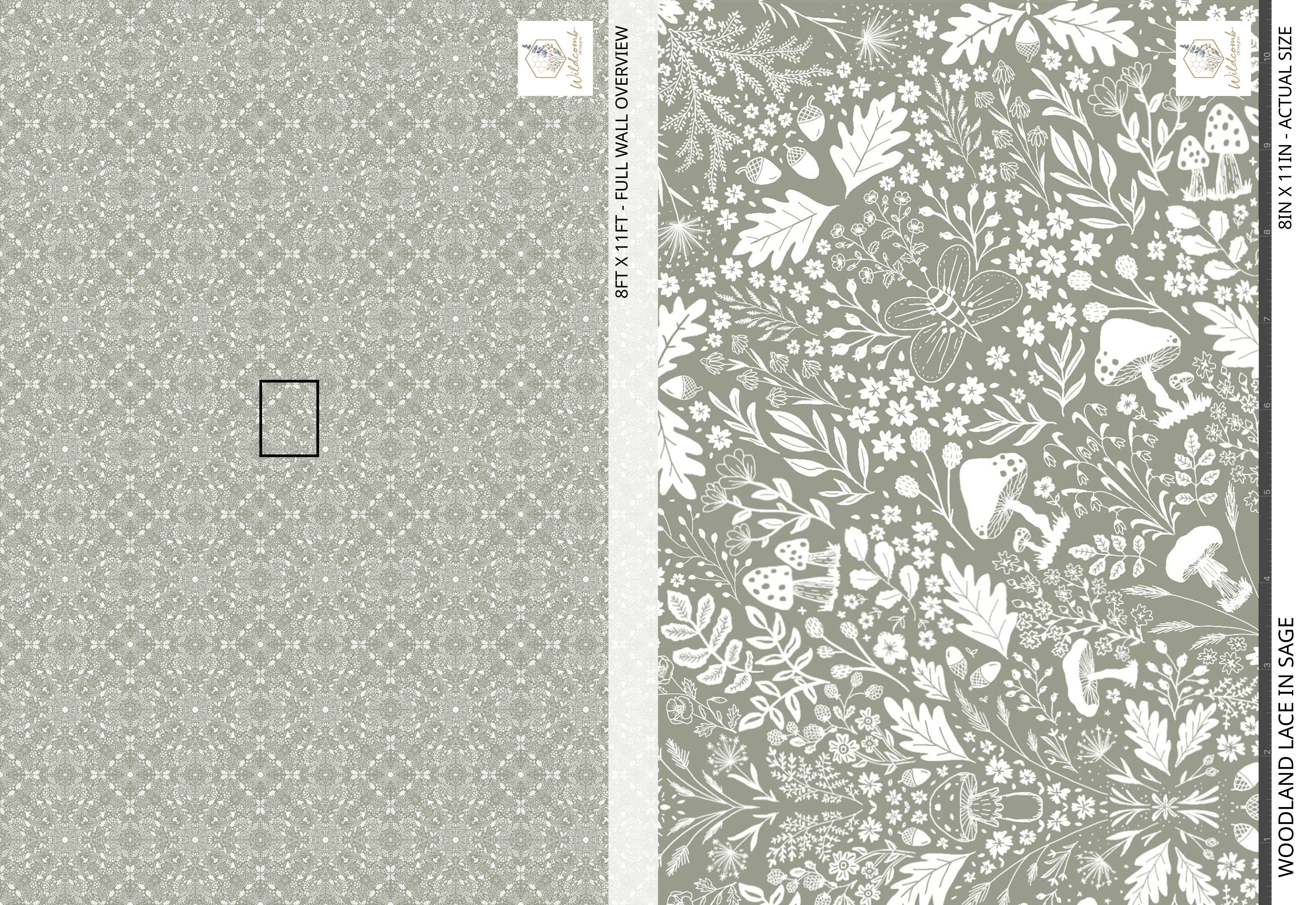 Sample Woodland Lace in Sage wallpaper pattern, one side zoomed in to see a mushroom and nature pattern in grey