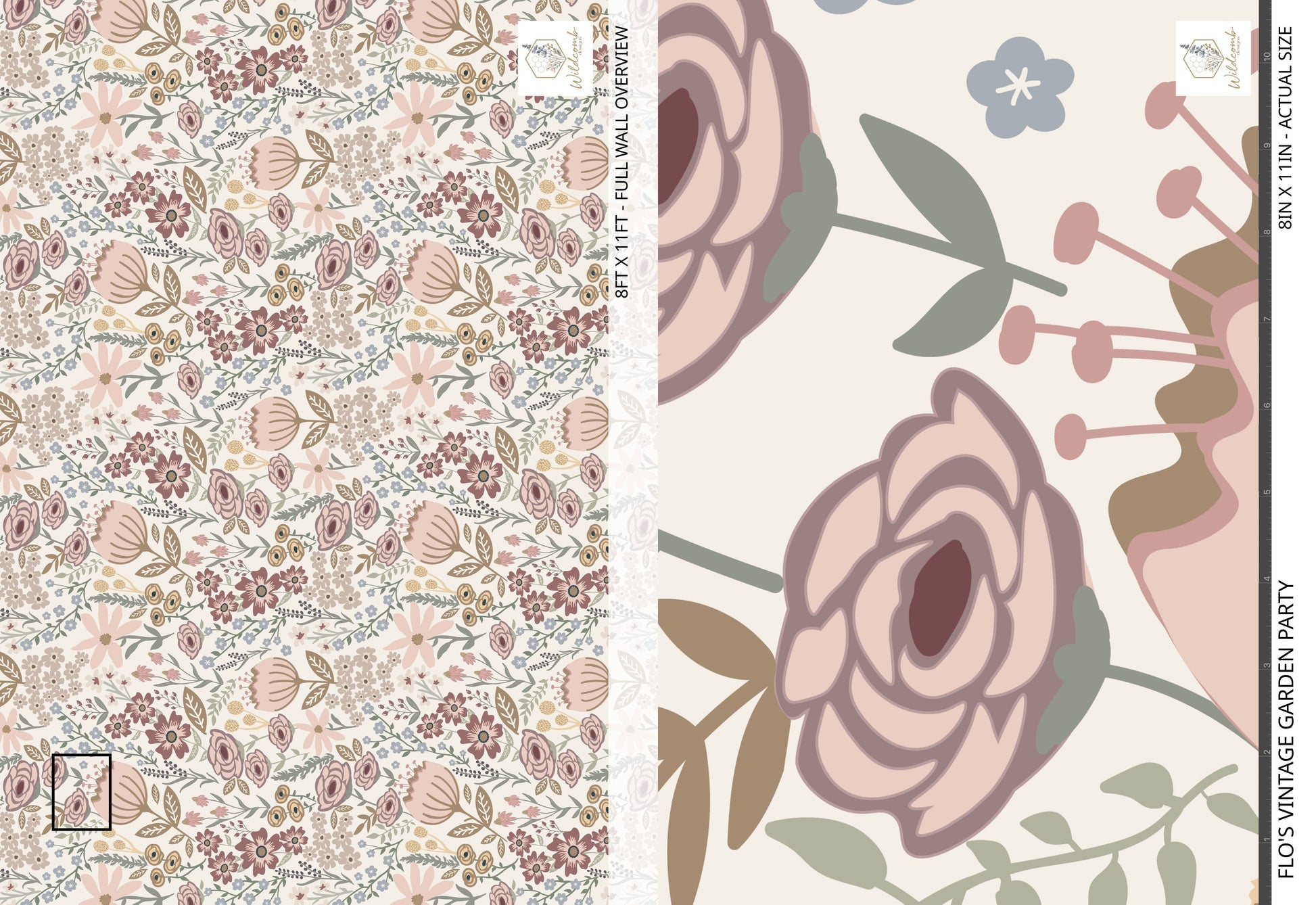Floral patterned wallpaper sample with a close-up of a rose design.