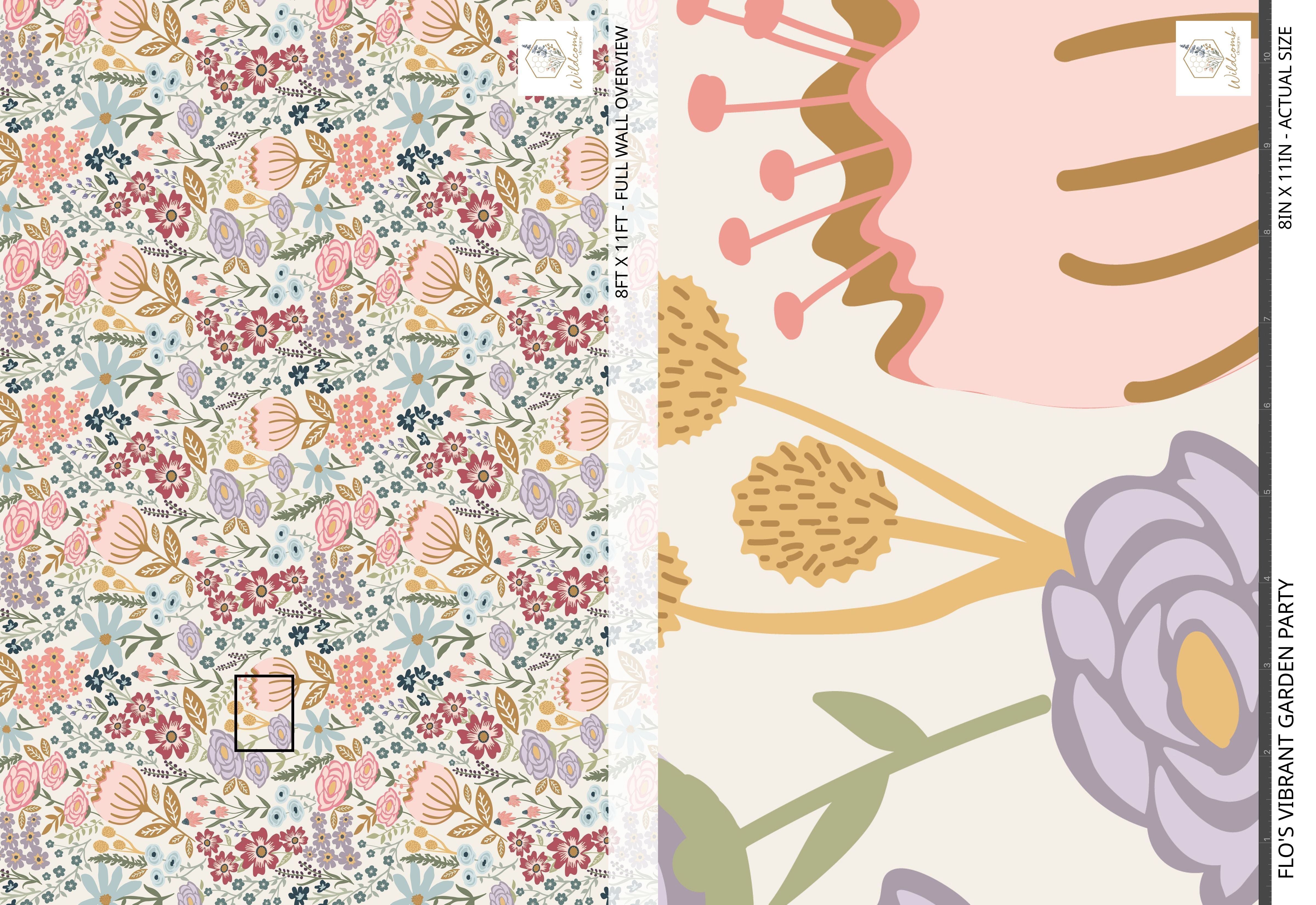 Detailed macro of Flo’s Vibrant Garden Party wallpaper highlighting oversized stylized blooms in pink, mustard, lavender, and coral.