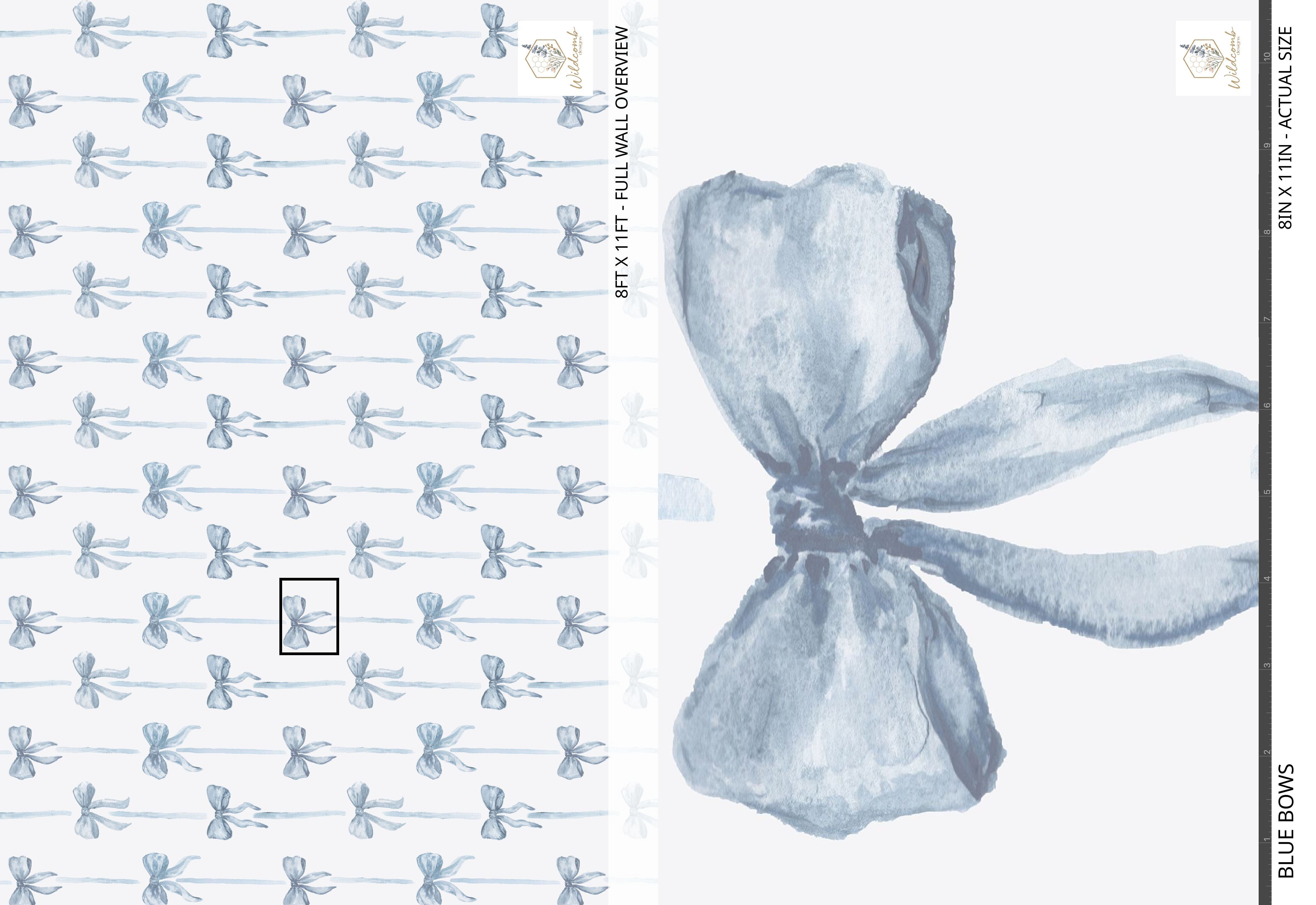 Sample wallpaper pattern of blue bows with a close-up of a bow on a white background