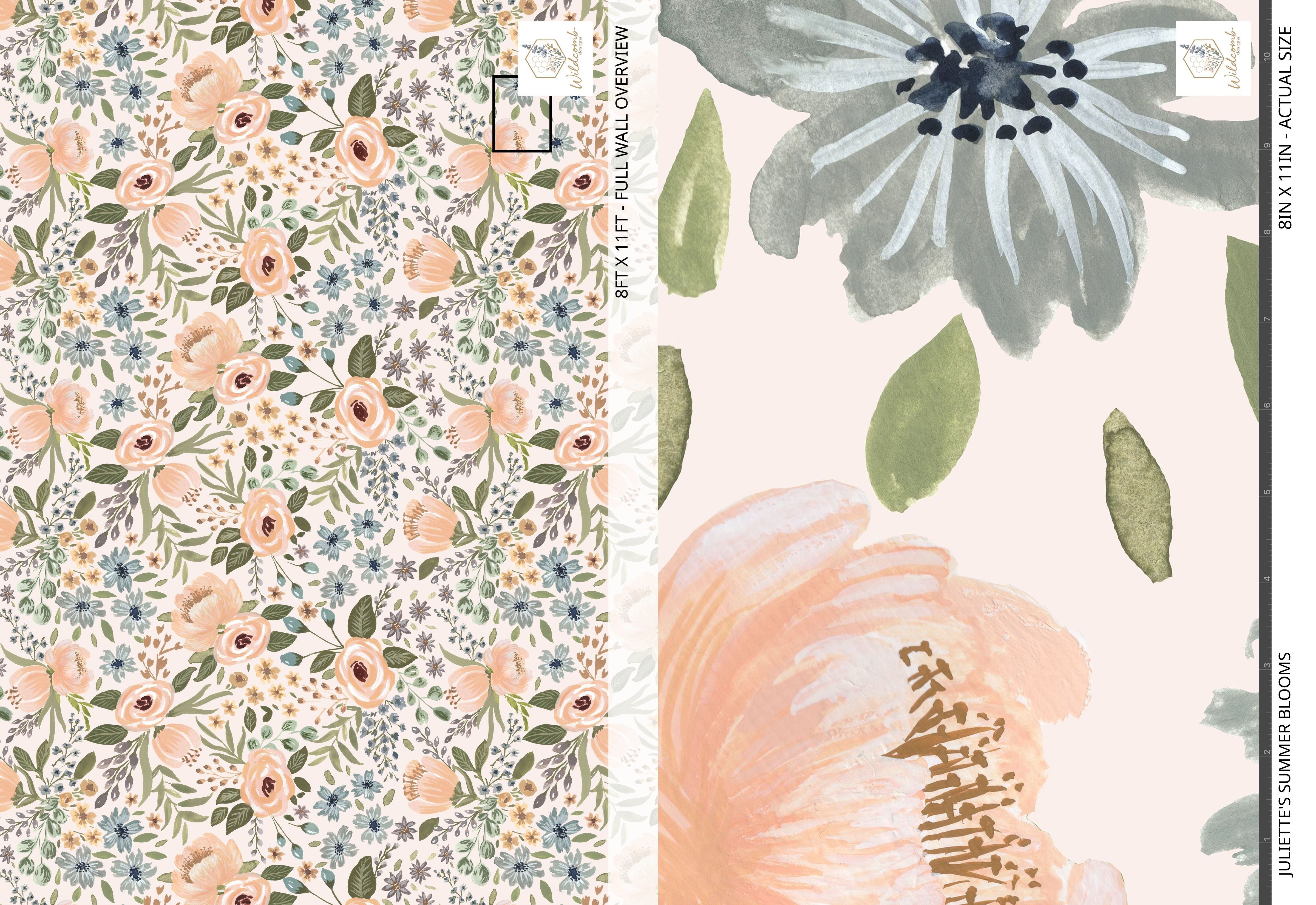 Juliette’s Summer Blooms wallpaper sample page showing full 8ft x 11ft wall repeat on the left and true-scale floral details on the right, highlighting oversized watercolor blooms and botanical brushstrokes.