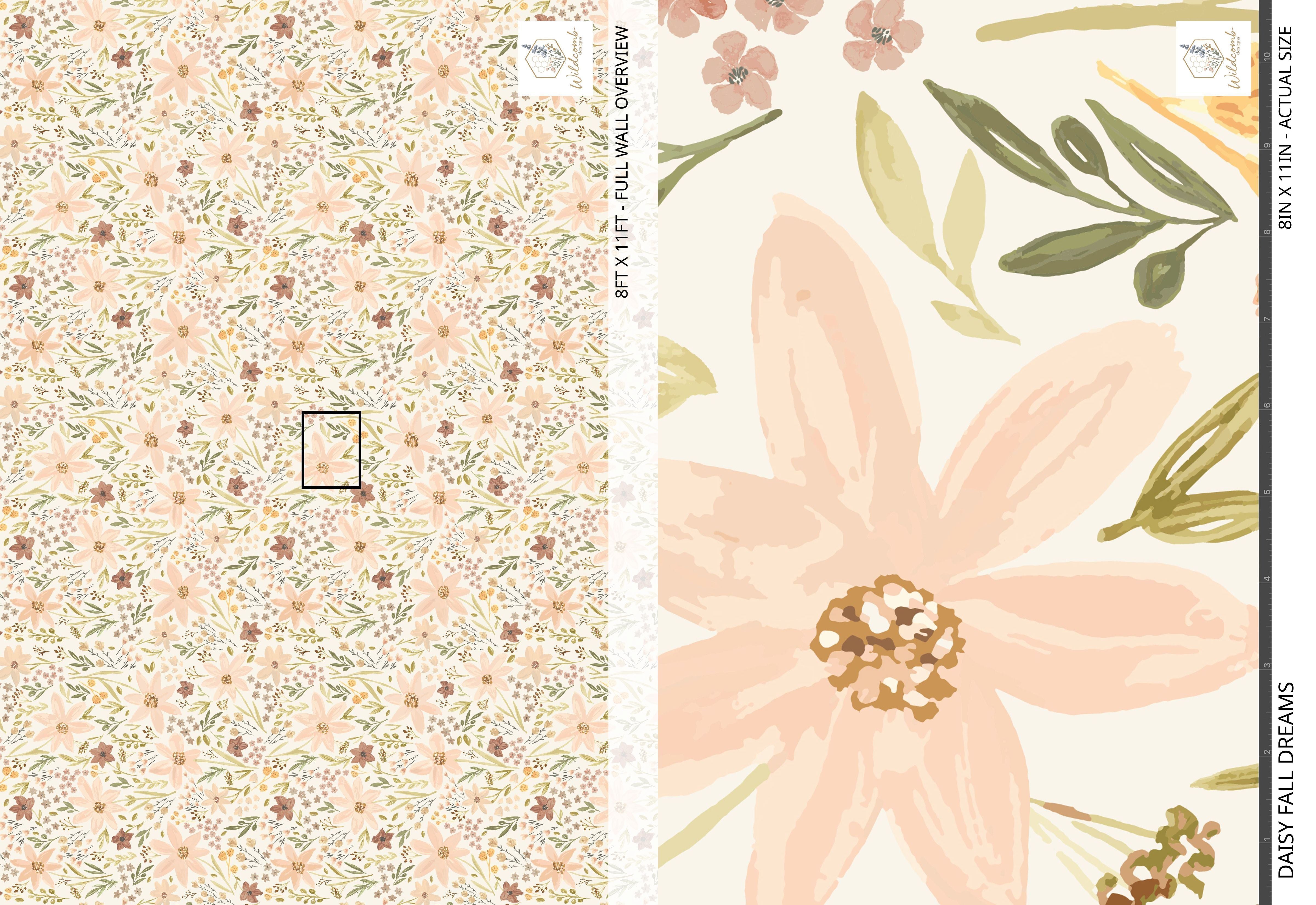 Full wall overview and detail swatch of Daisy Fall Dreams wallpaper, showing the repeating pattern and hand-painted floral brushstrokes.