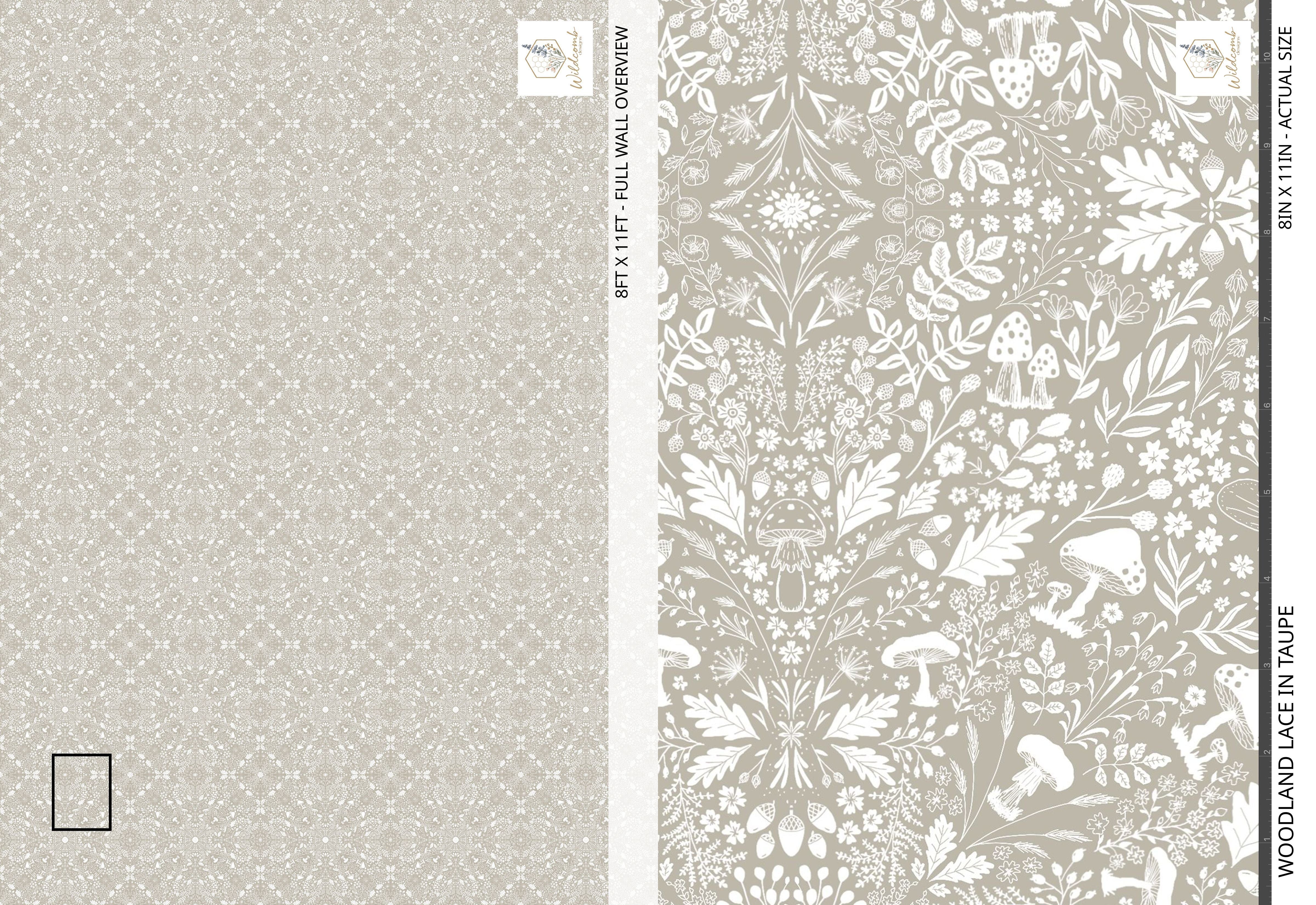 Wallpaper sample with floral and nature-themed design on a neutral background