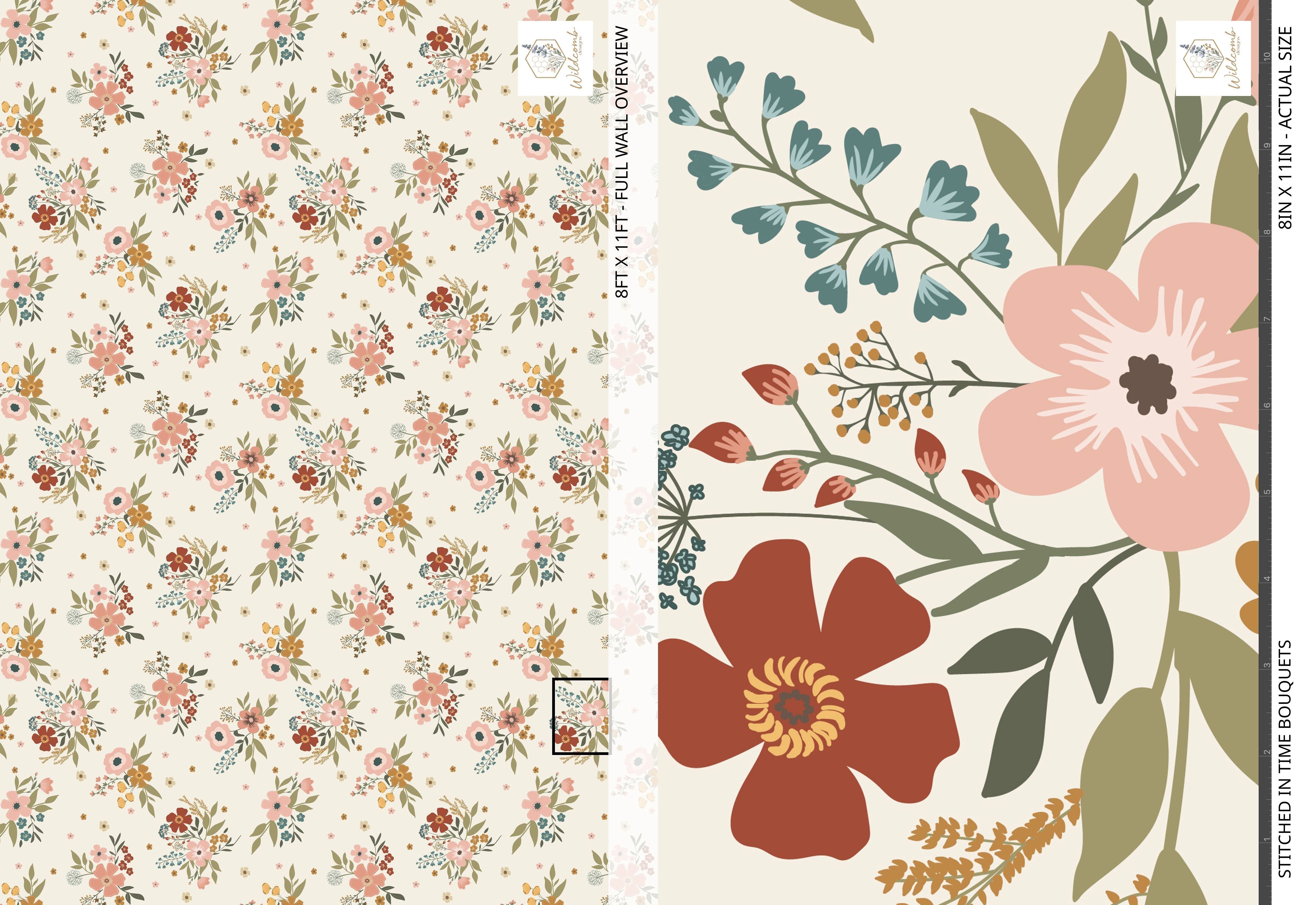 Stitched In Time Bouquets wallpaper design sheet showing repeating hand-drawn floral bouquets inspired by vintage embroidery.