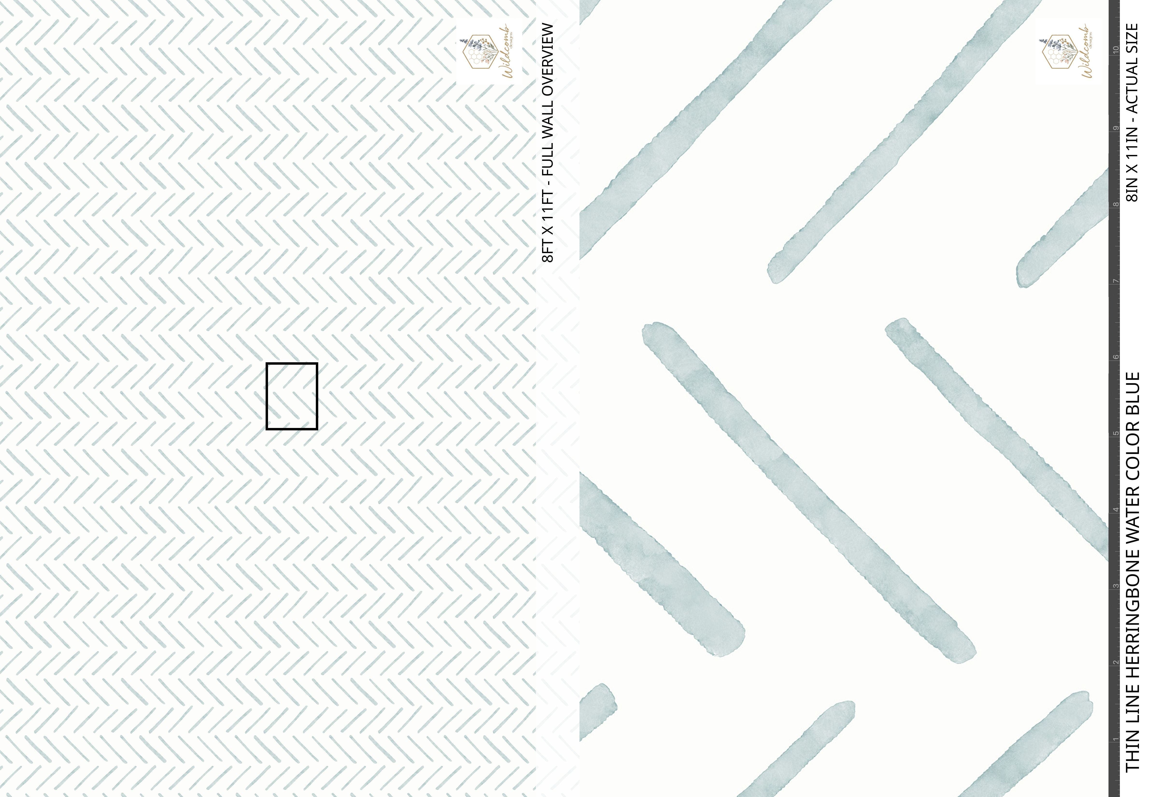 Full-wall overview of the blue watercolor herringbone wallpaper with an 8×11 inch close-up showing hand-painted brushstrokes.